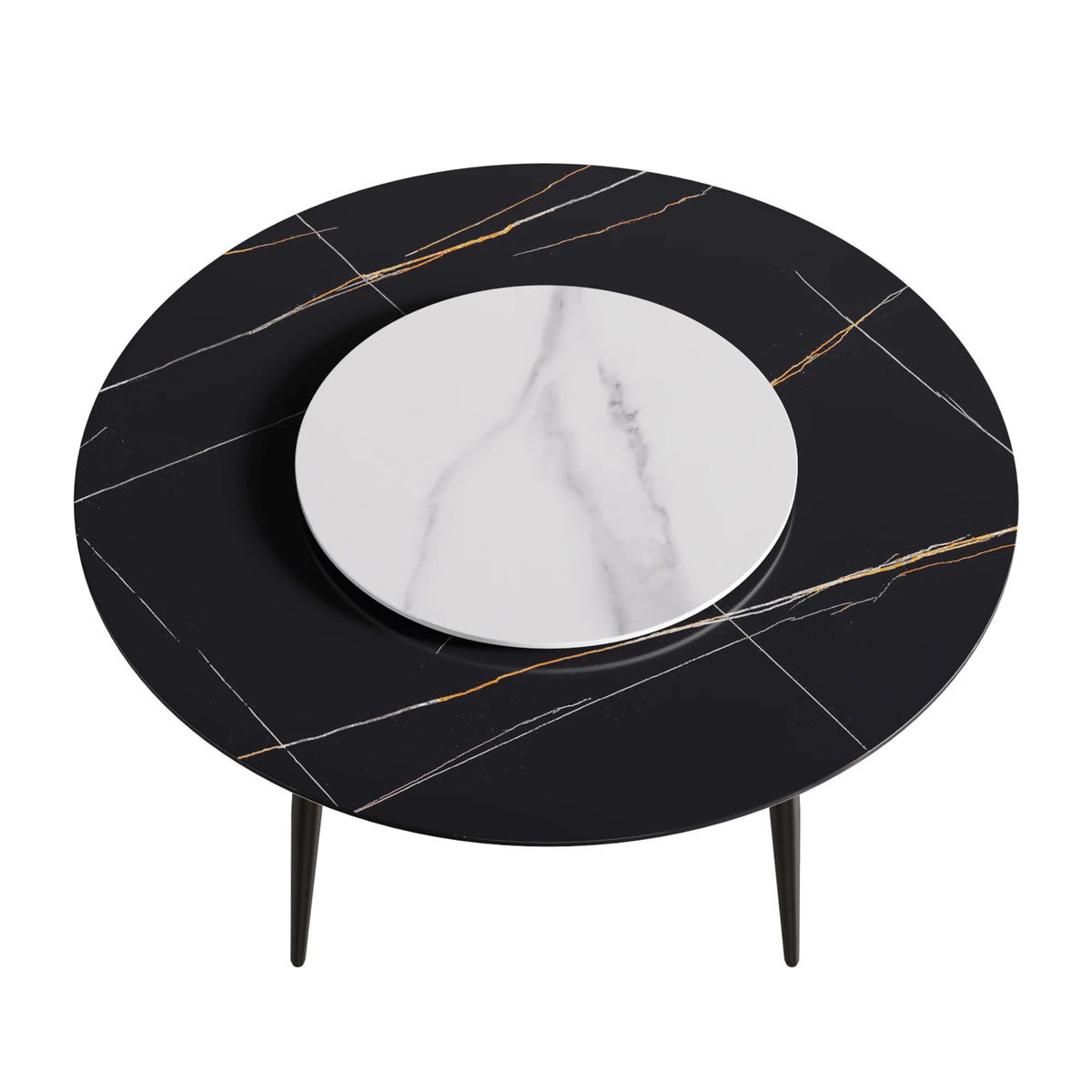 Mesa de comedor Marbella de piedra sinterizada | Redonda de 150 cm (59") en negro mate con base de metal y bandeja giratoria