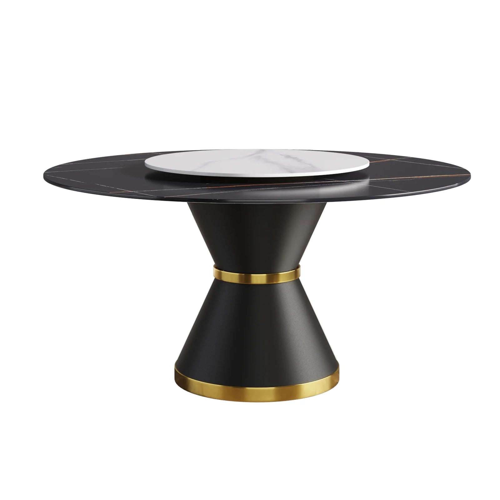 Mesa de comedor Marbella de piedra sinterizada | Redonda de 150 cm (59") en negro mate con base de metal y bandeja giratoria