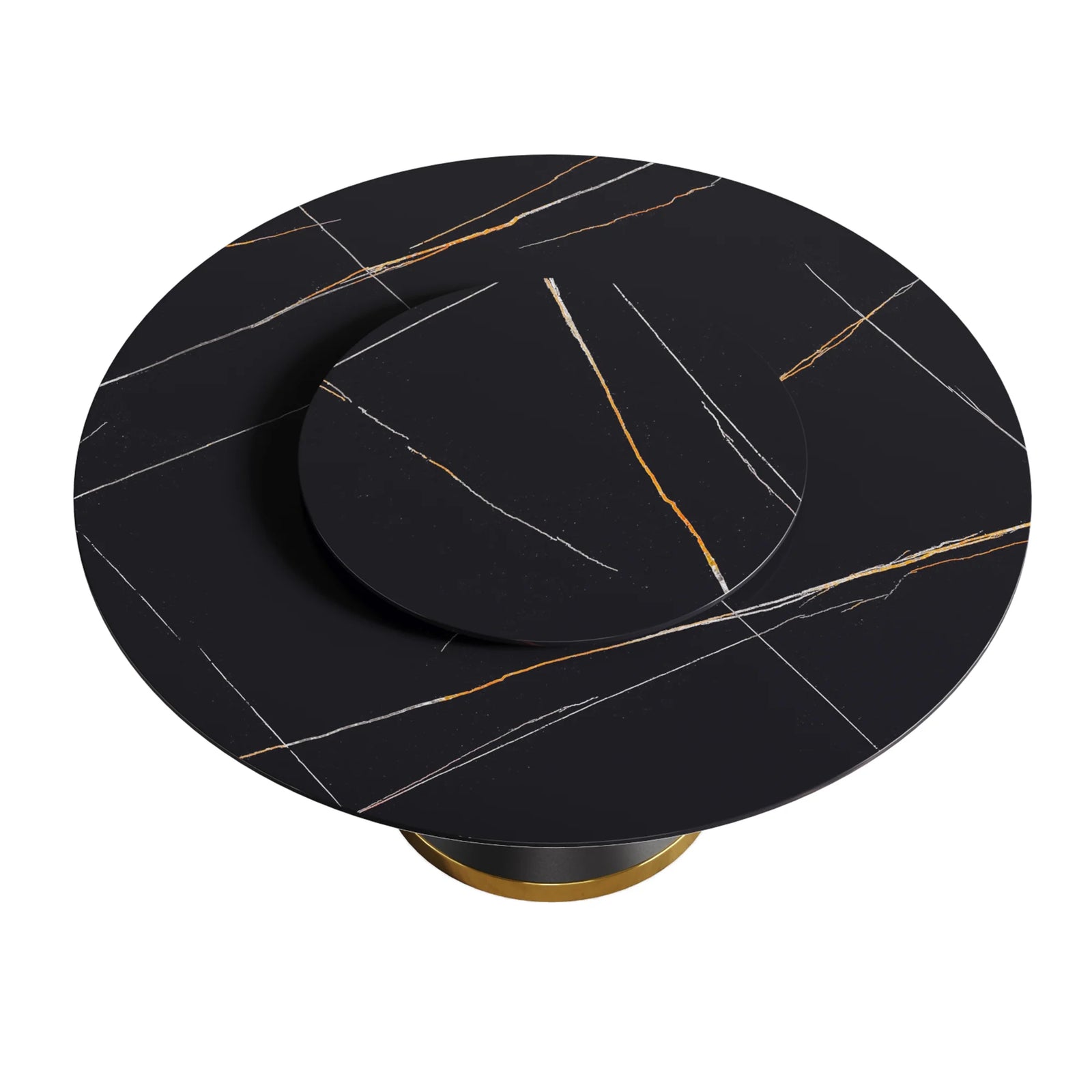 Mesa de comedor Marbella de piedra sinterizada | Redonda de 150 cm (59") en negro mate con base de metal y bandeja giratoria
