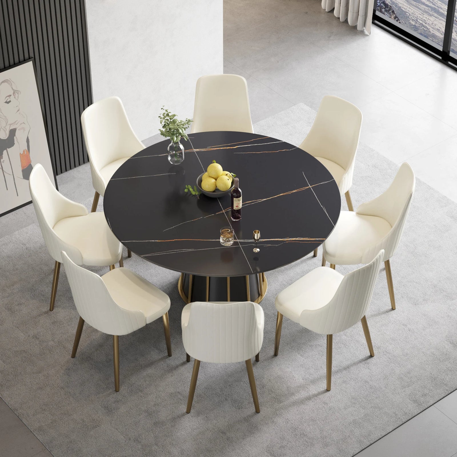 Mesa de comedor Marbella de piedra sinterizada | Redonda de 150 cm (59") en negro mate con base metálica