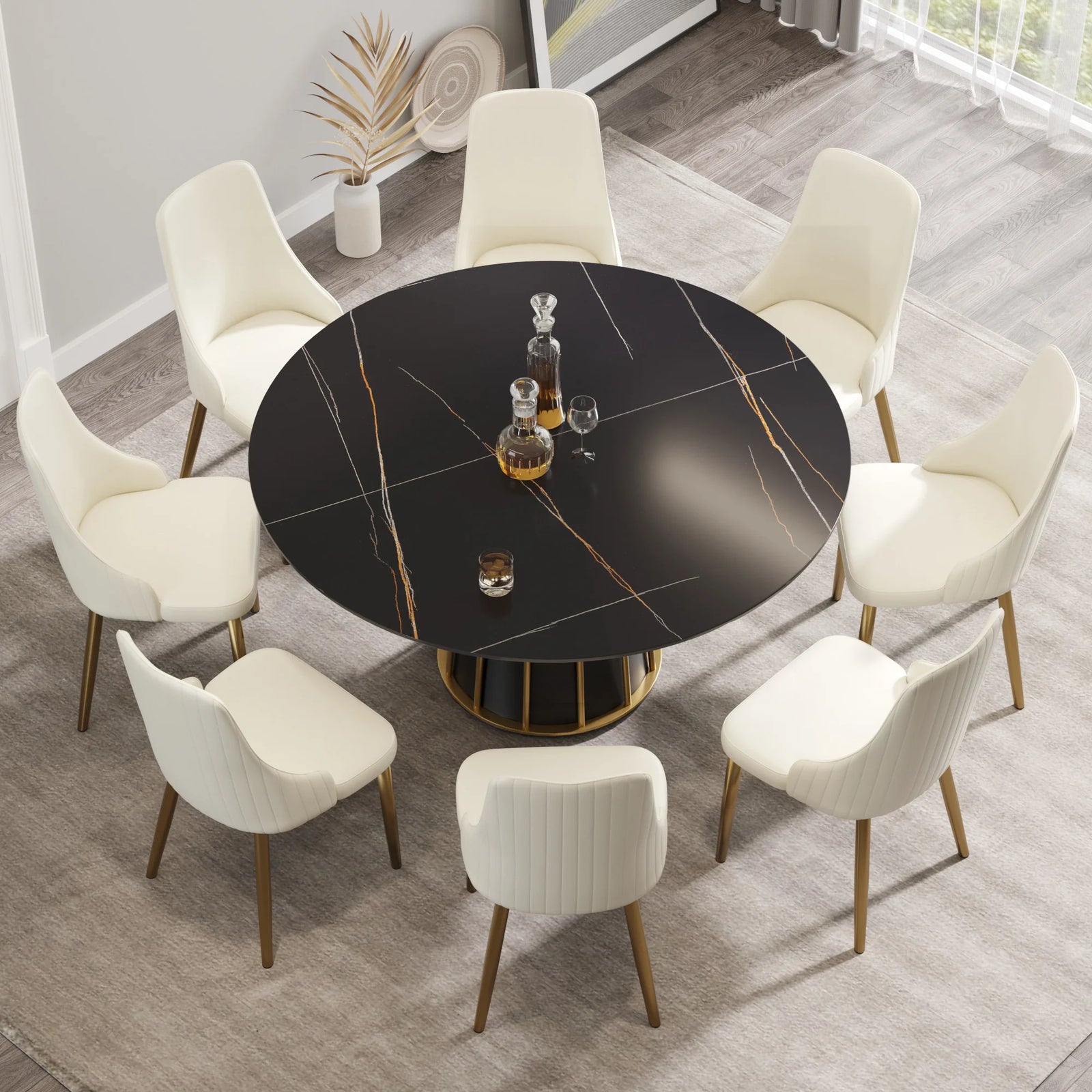 Mesa de comedor Marbella de piedra sinterizada | Redonda de 150 cm (59") en negro mate con base metálica