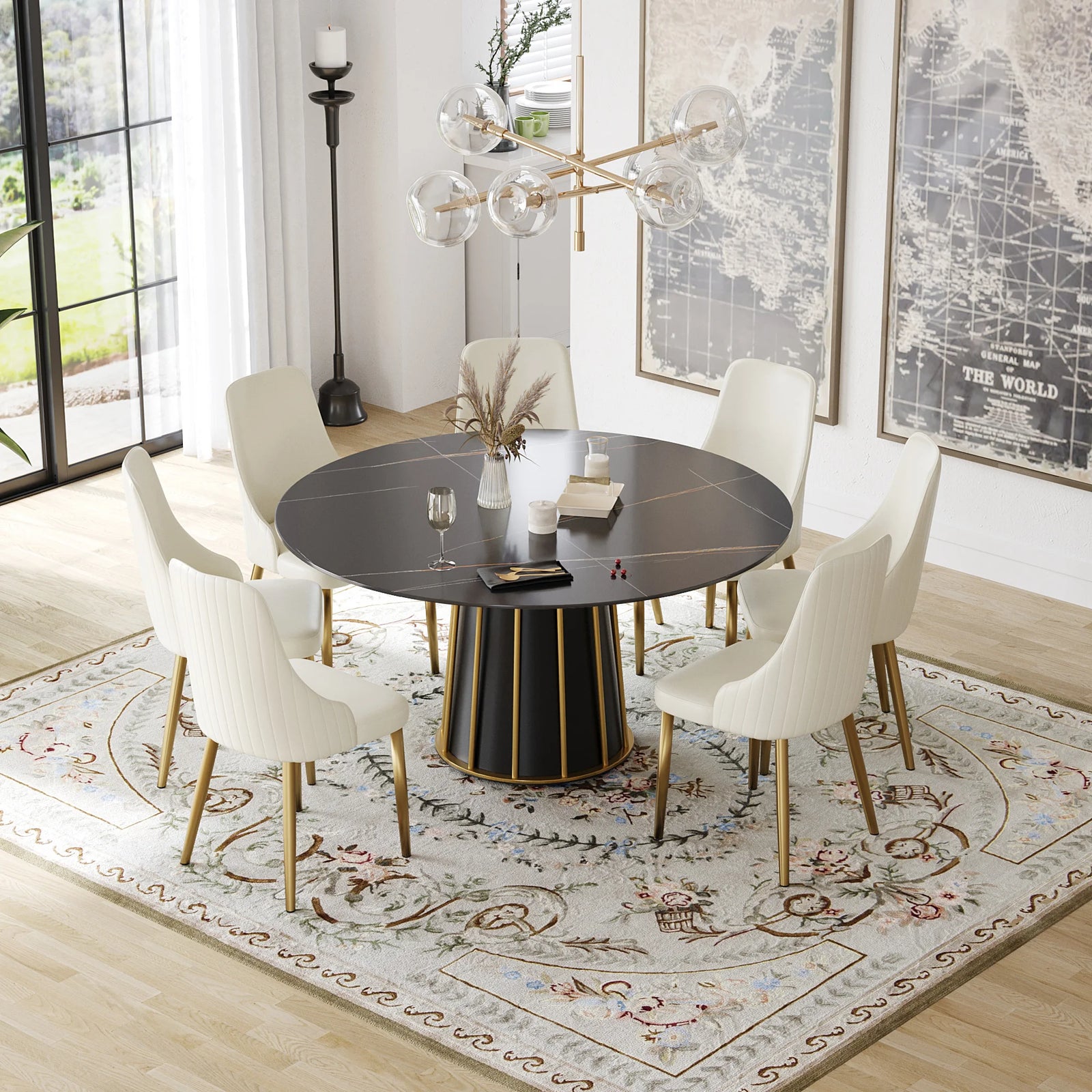 Mesa de comedor Marbella de piedra sinterizada | Redonda de 150 cm (59") en negro mate con base metálica