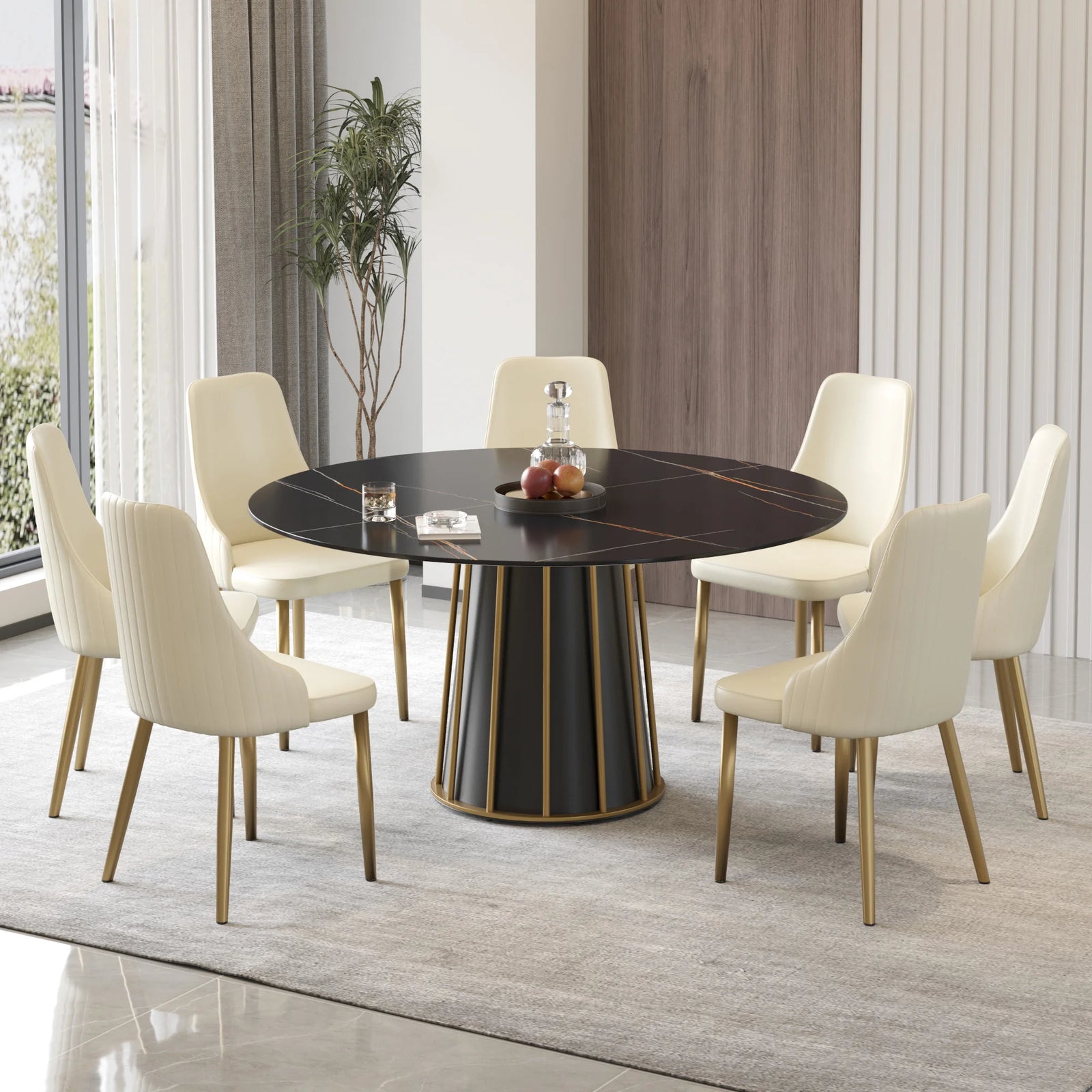Mesa de comedor Marbella de piedra sinterizada | Redonda de 150 cm (59") en negro mate con base metálica
