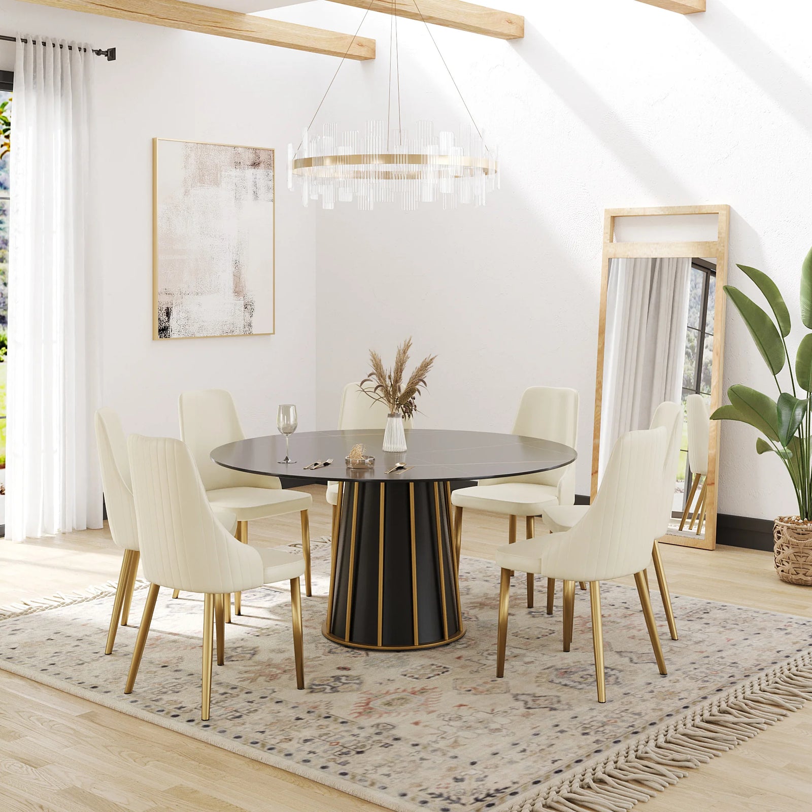 Mesa de comedor Marbella de piedra sinterizada | Redonda de 150 cm (59") en negro mate con base metálica