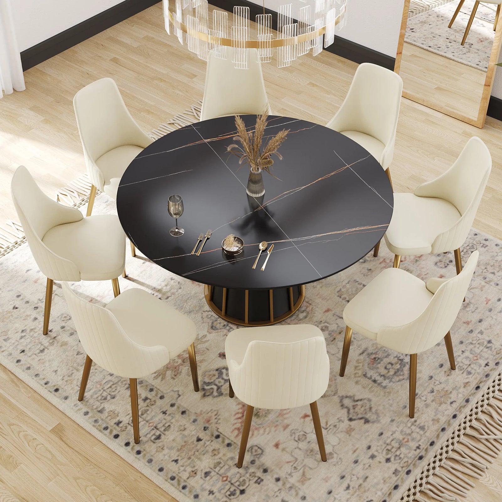 Mesa de comedor Marbella de piedra sinterizada | Redonda de 150 cm (59") en negro mate con base metálica