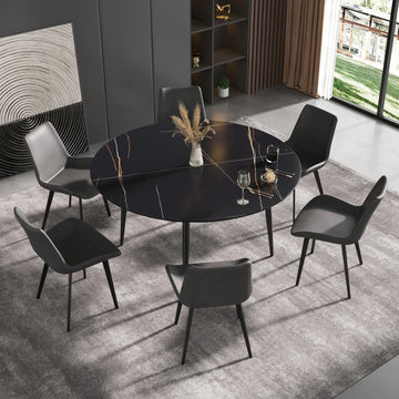 Mesa de comedor Marbella de piedra sinterizada | Redonda de 150 cm (59") en negro mate con base metálica