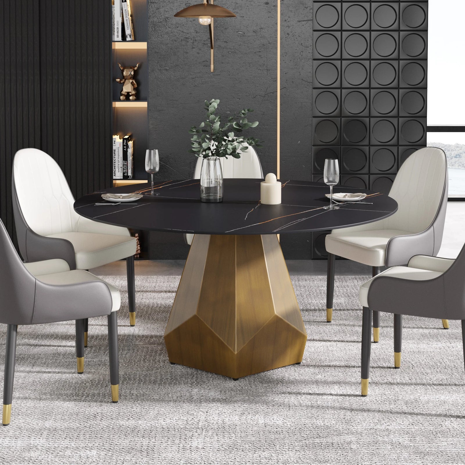 Mesa de comedor Marbella de piedra sinterizada | Redonda de 150 cm (59") en negro mate con base metálica