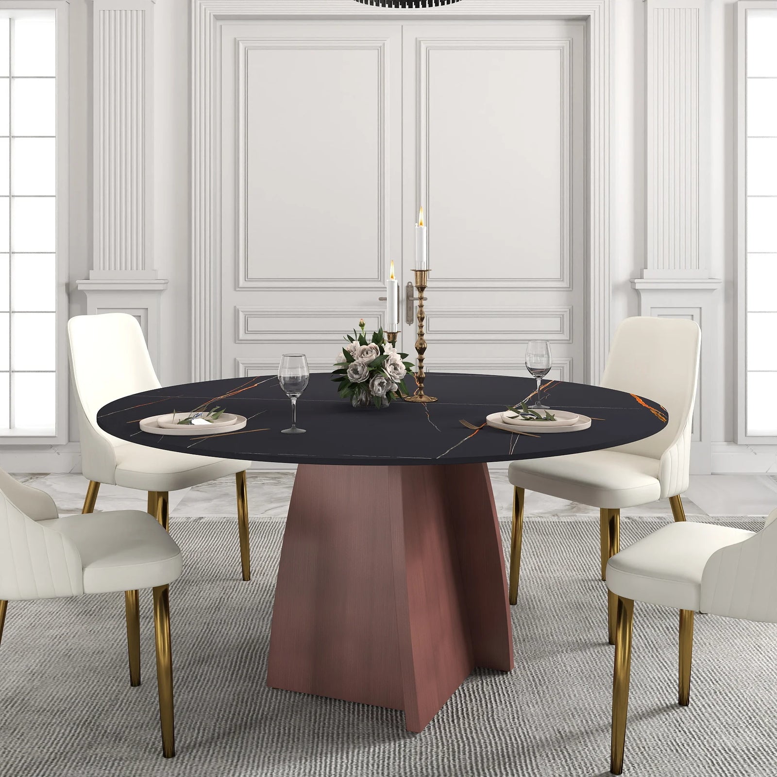 Mesa de comedor Marbella de piedra sinterizada | Redonda de 150 cm (59") en negro mate con base metálica