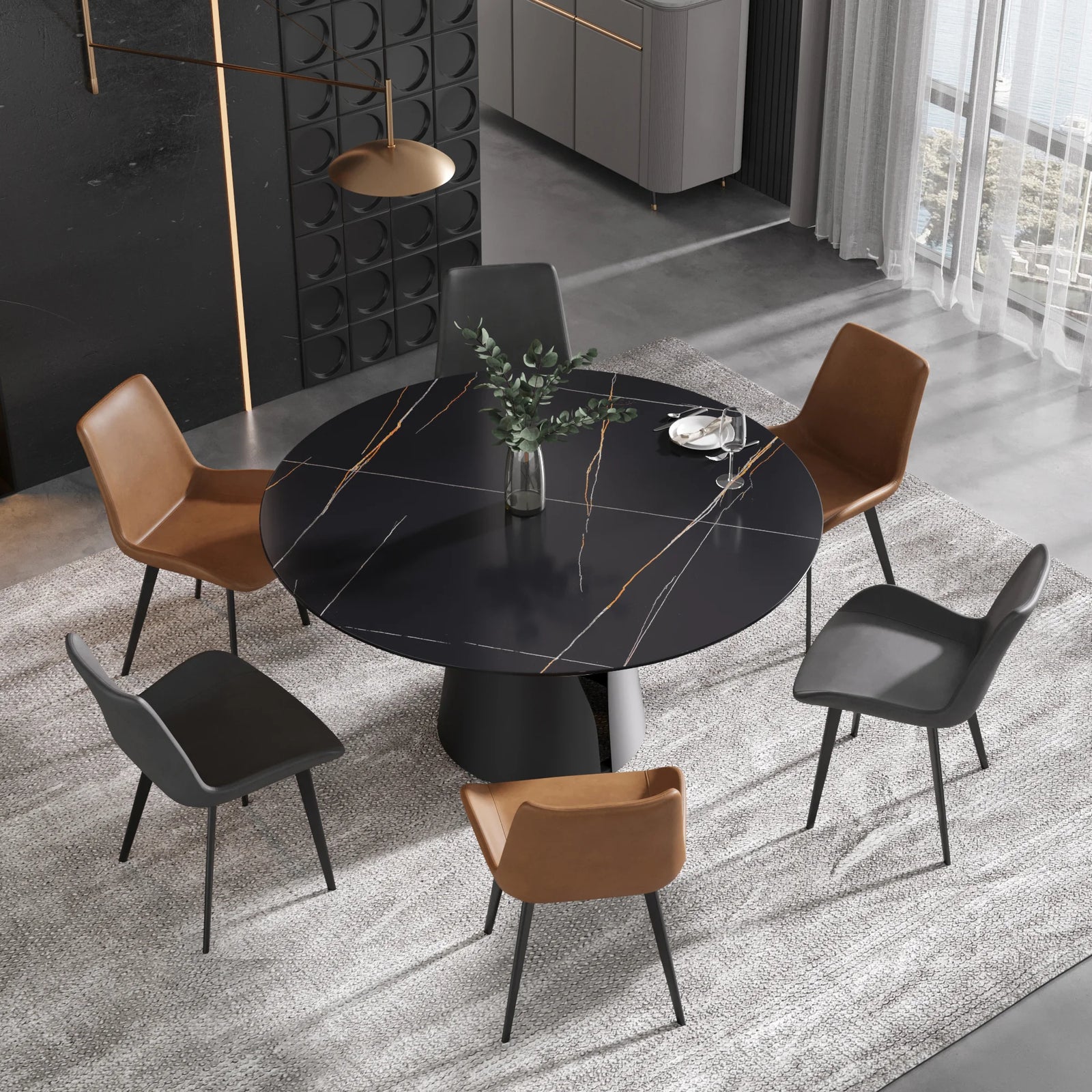 Mesa de comedor Marbella de piedra sinterizada | Redonda de 150 cm (59") en negro mate con base metálica