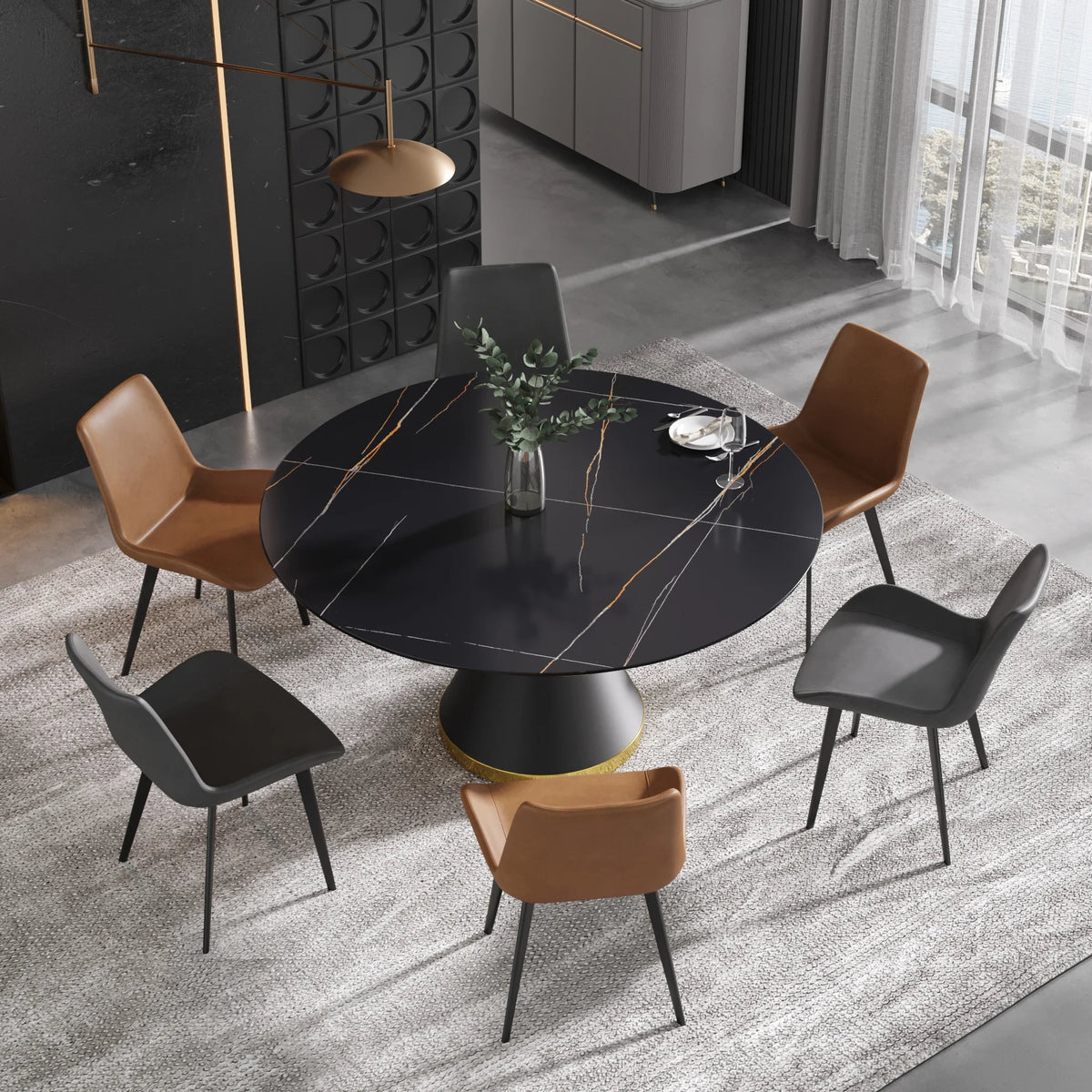 Mesa de comedor Marbella de piedra sinterizada | Redonda de 150 cm (59") en negro mate con base metálica
