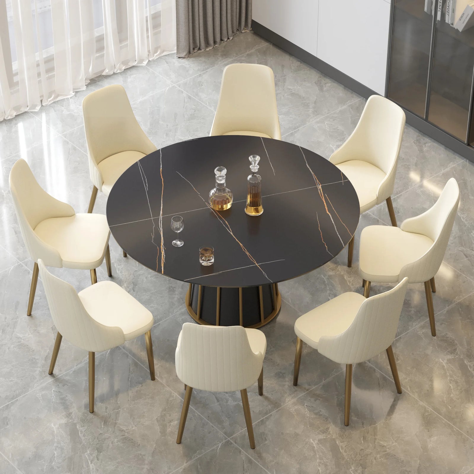 Mesa de comedor Marbella de piedra sinterizada | Redonda de 150 cm (59") en negro mate con base metálica