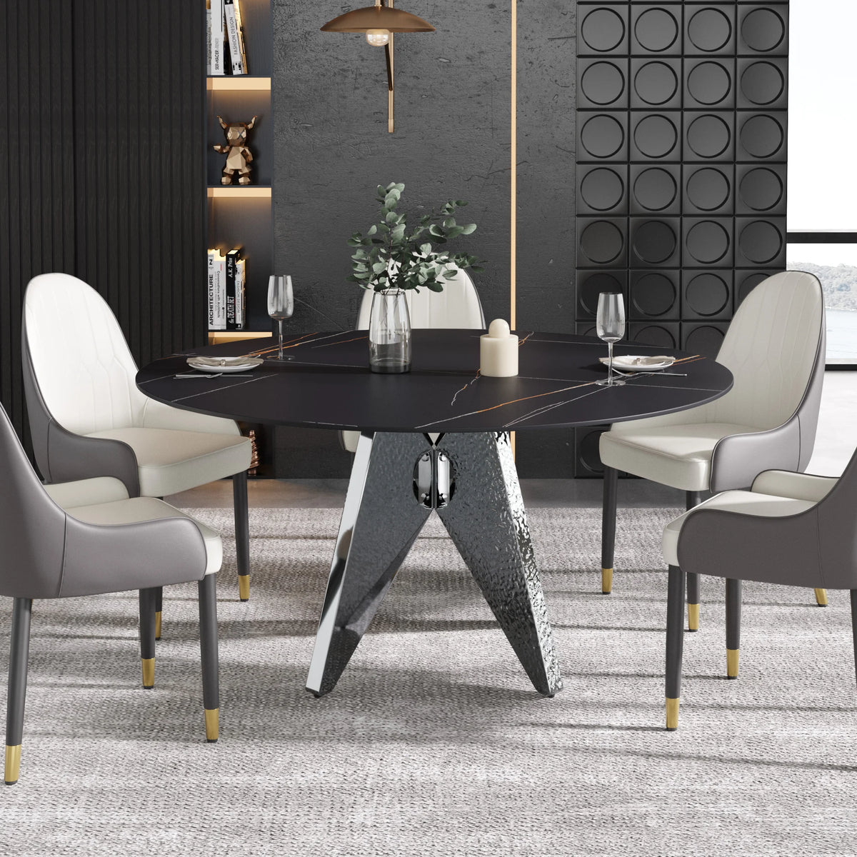 Marbella Sintered Stone Dining Table | 59" Matte Black Round With Metal Base