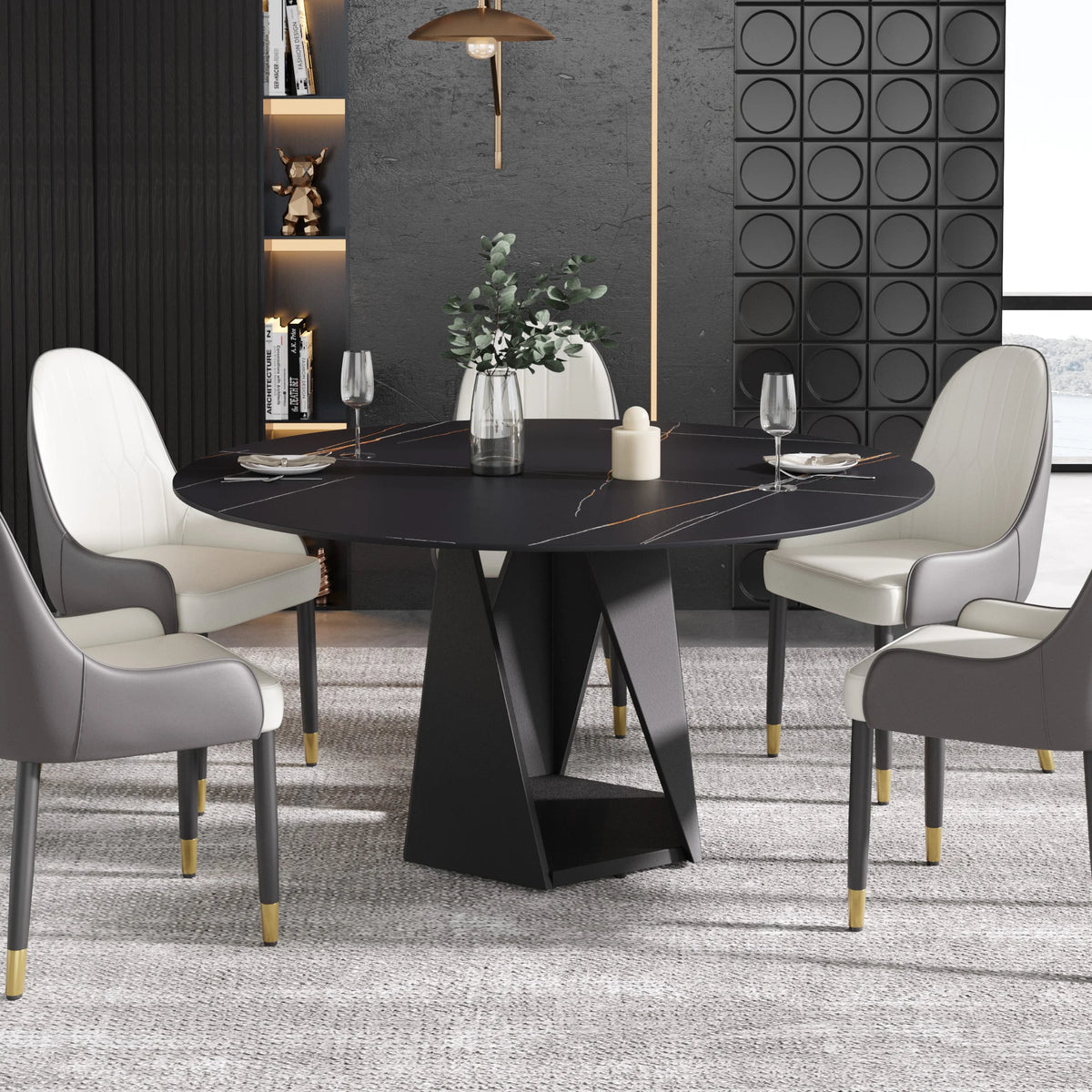 Marbella Sintered Stone Dining Table | 59" Matte Black Round With Metal Base