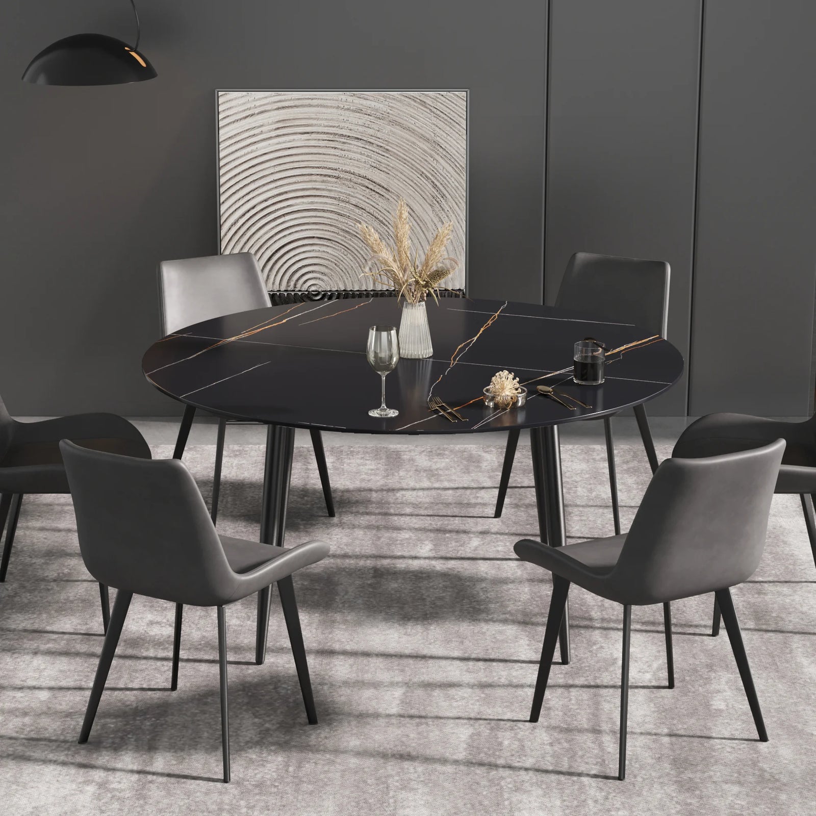 Mesa de comedor Marbella de piedra sinterizada | Redonda de 150 cm (59") en negro mate con base metálica