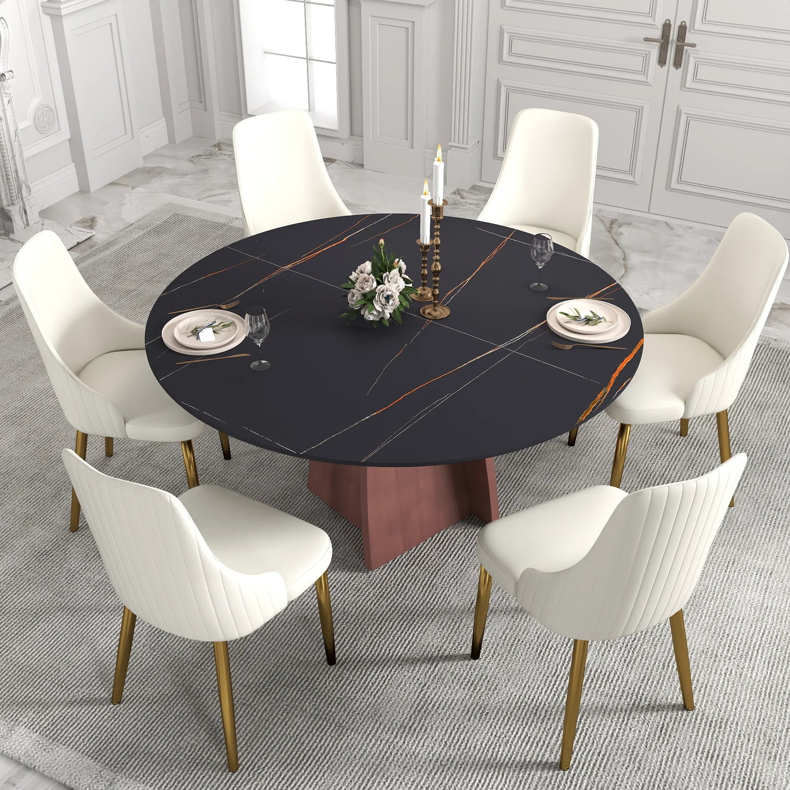 Mesa de comedor Marbella de piedra sinterizada | Redonda de 150 cm (59") en negro mate con base metálica