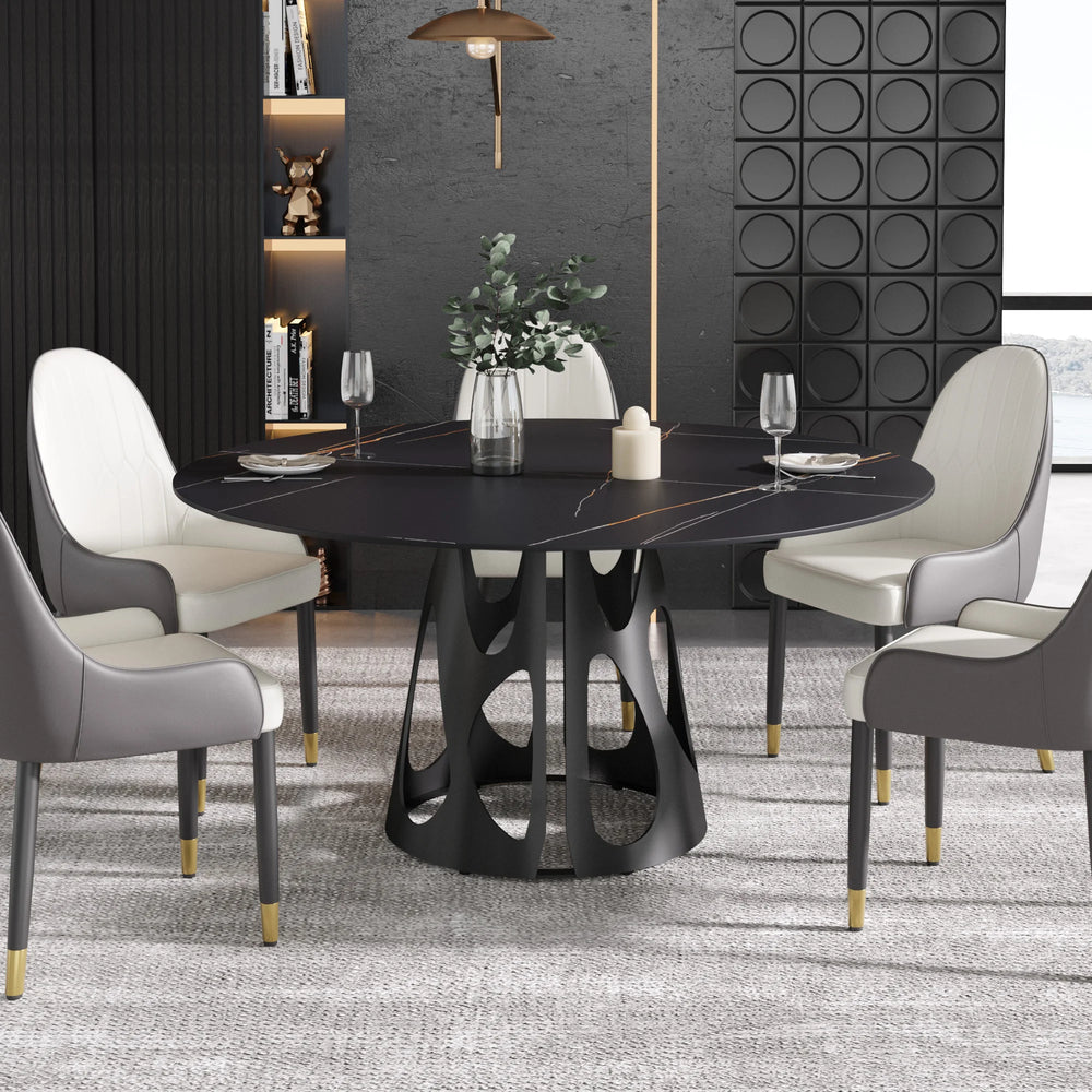 Marbella Sintered Stone Dining Table | 59" Matte Black Round With Metal Base
