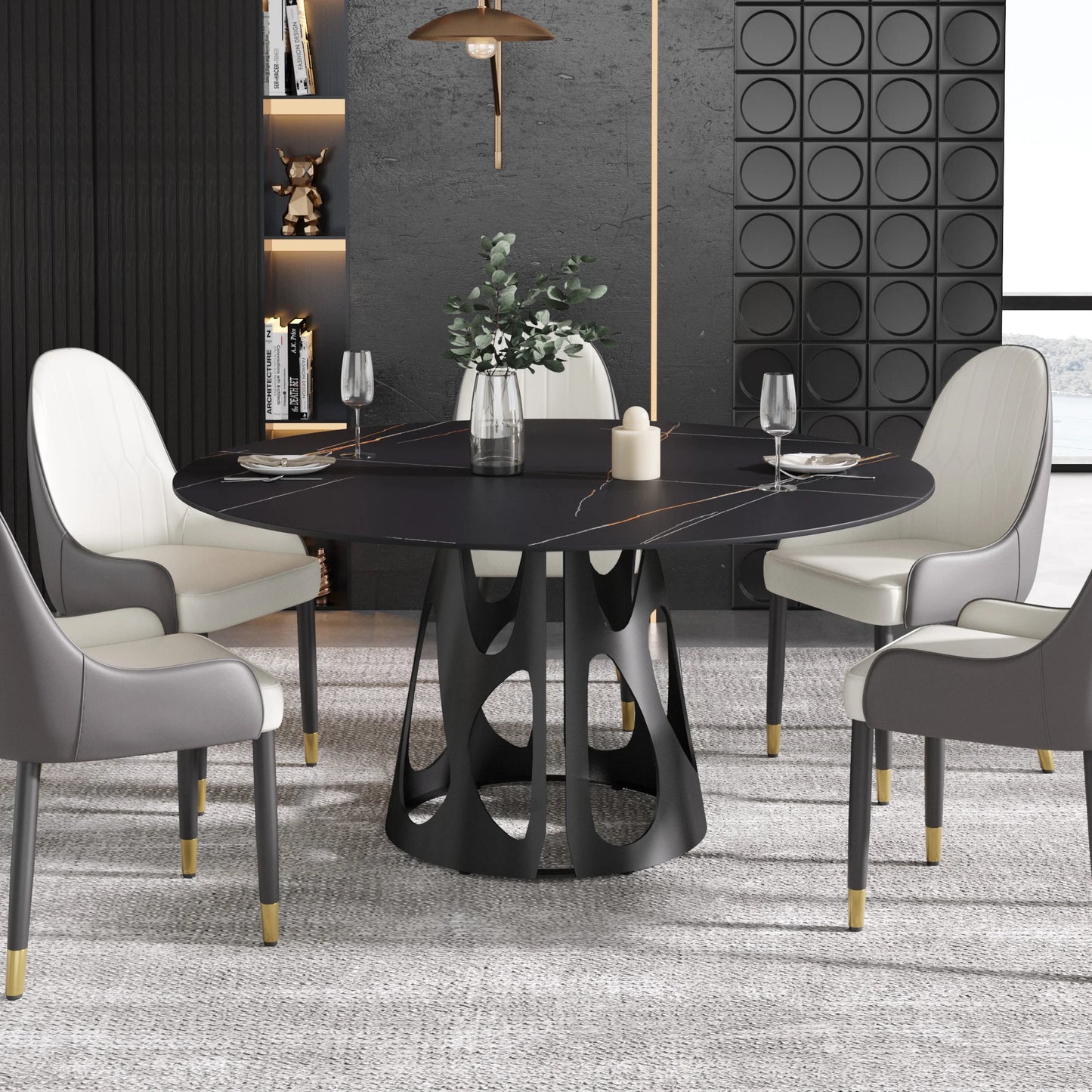 Marbella Sintered Stone Dining Table | 59" Matte Black Round With Metal Base