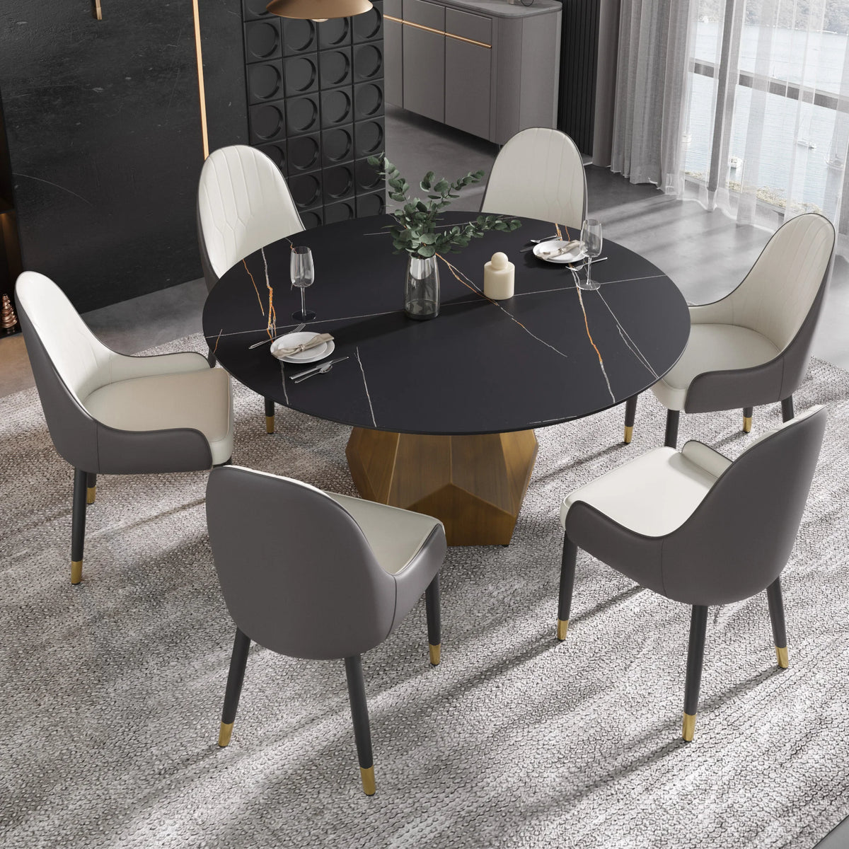 Mesa de comedor Marbella de piedra sinterizada | Redonda de 150 cm (59") en negro mate con base metálica
