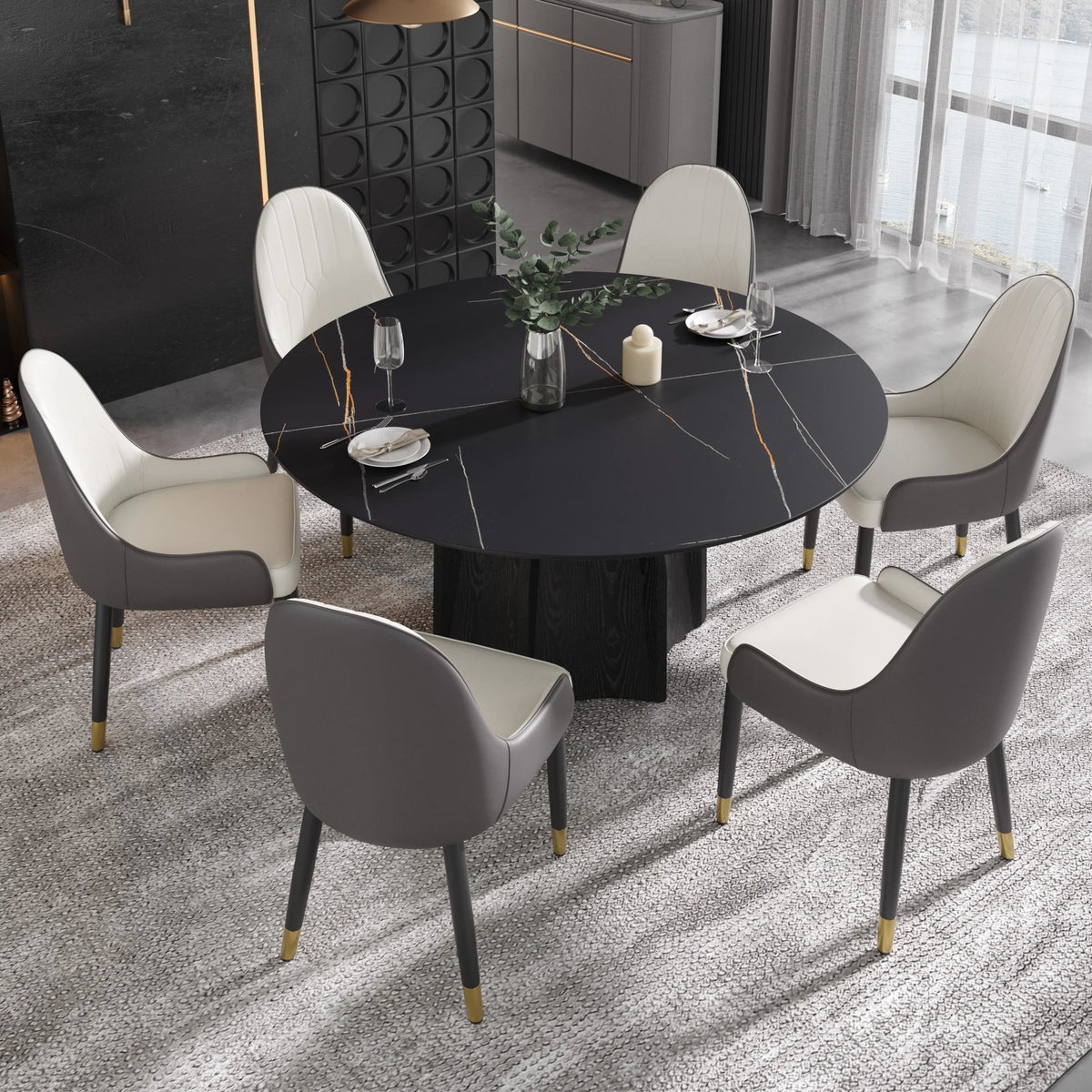Marbella Sintered Stone Dining Table | 59" Matte Black Round With Metal Base