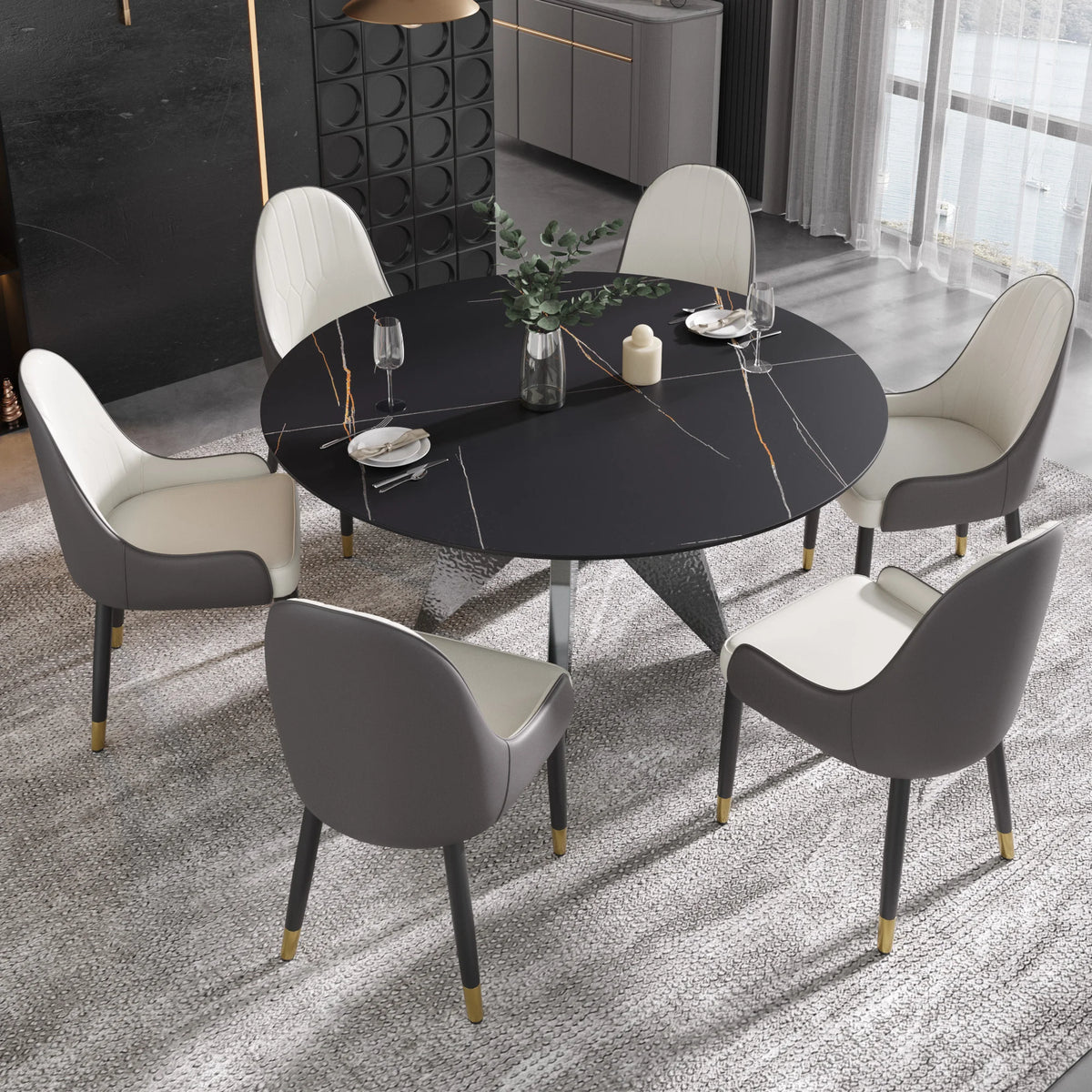 Marbella Sintered Stone Dining Table | 59" Matte Black Round With Metal Base
