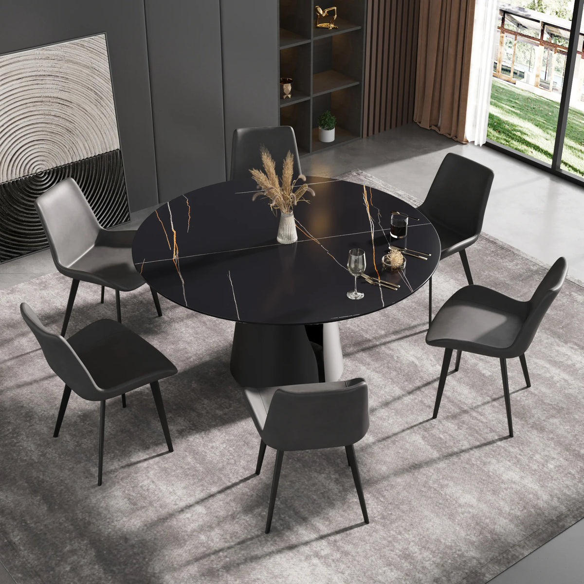 Mesa de comedor Marbella de piedra sinterizada | Redonda de 150 cm (59") en negro mate con base metálica