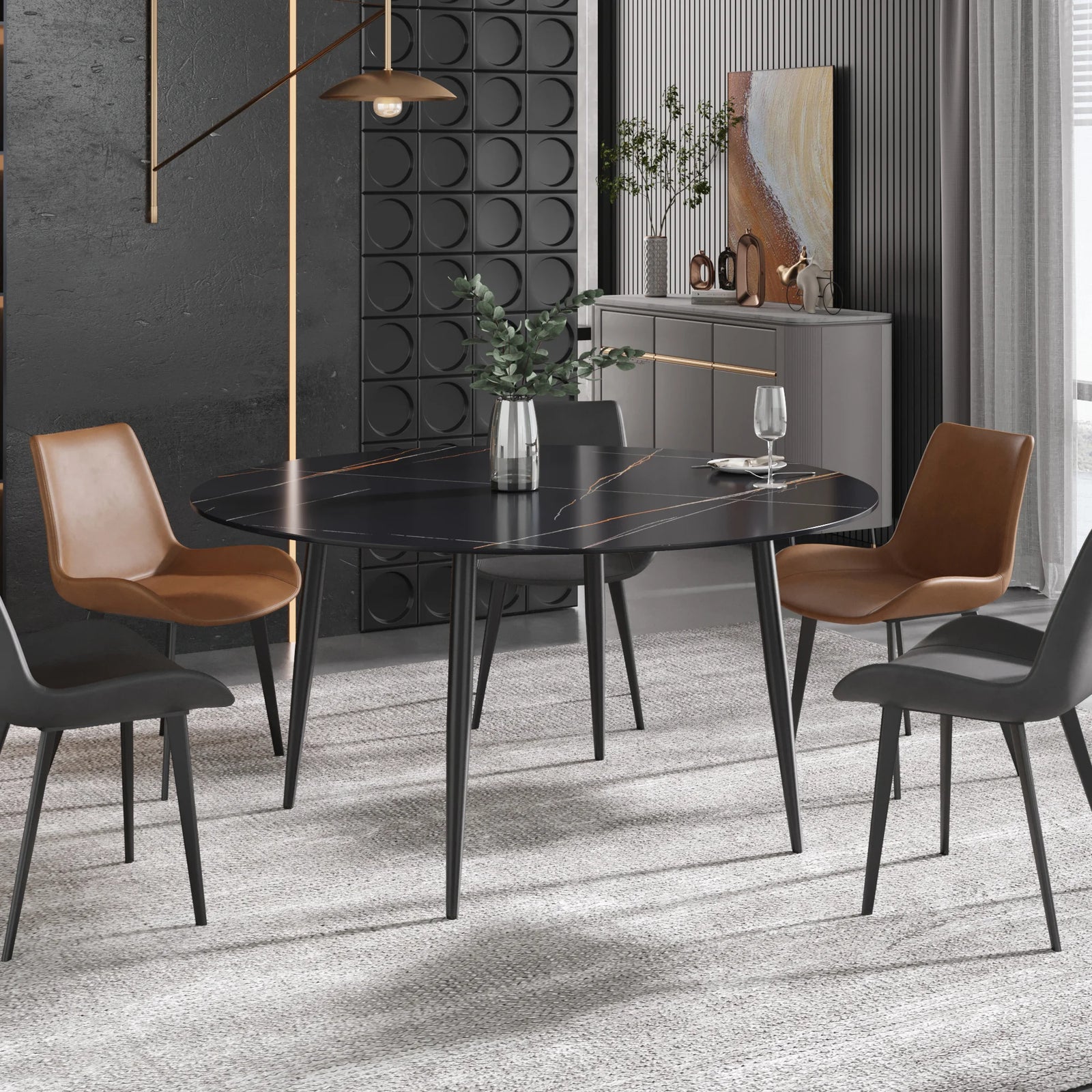 Mesa de comedor Marbella de piedra sinterizada | Redonda de 150 cm (59") en negro mate con base metálica