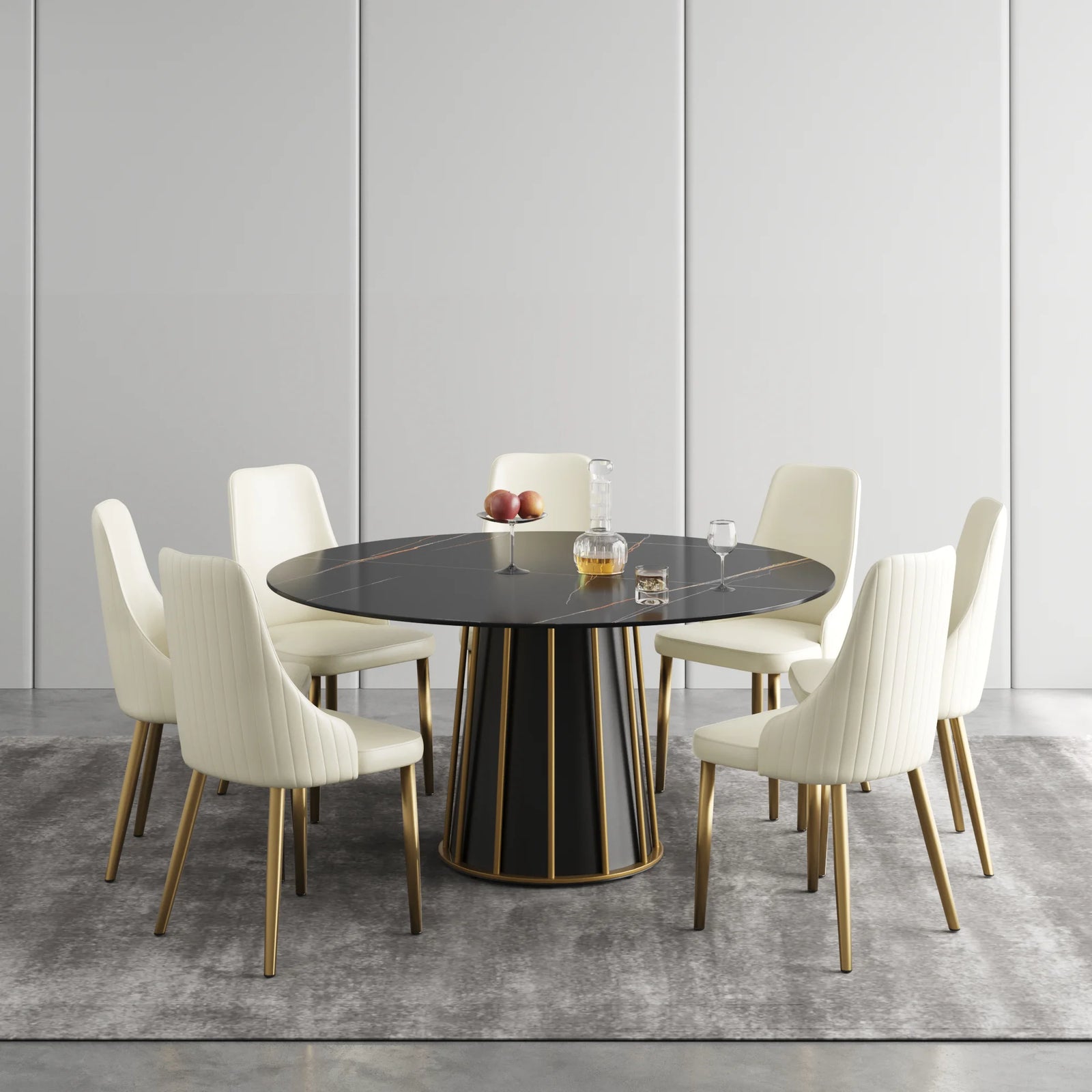 Mesa de comedor Marbella de piedra sinterizada | Redonda de 150 cm (59") en negro mate con base metálica