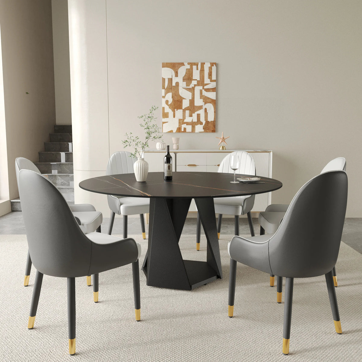 Marbella Sintered Stone Dining Table | 59" Matte Black Round With Metal Base