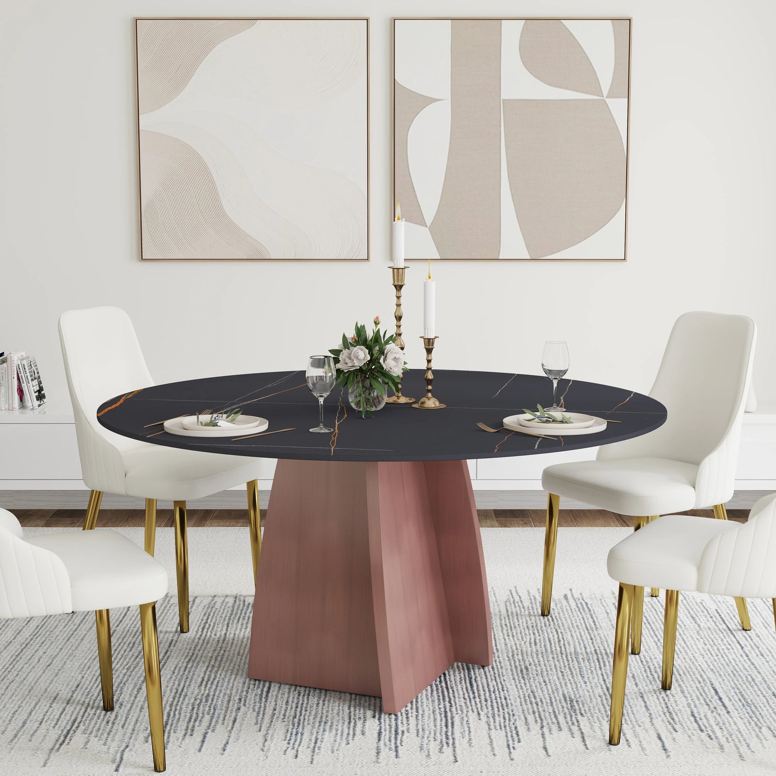 Mesa de comedor Marbella de piedra sinterizada | Redonda de 150 cm (59") en negro mate con base metálica