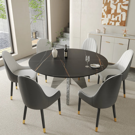 Marbella Sintered Stone Dining Table | 59" Matte Black Round With Metal Base