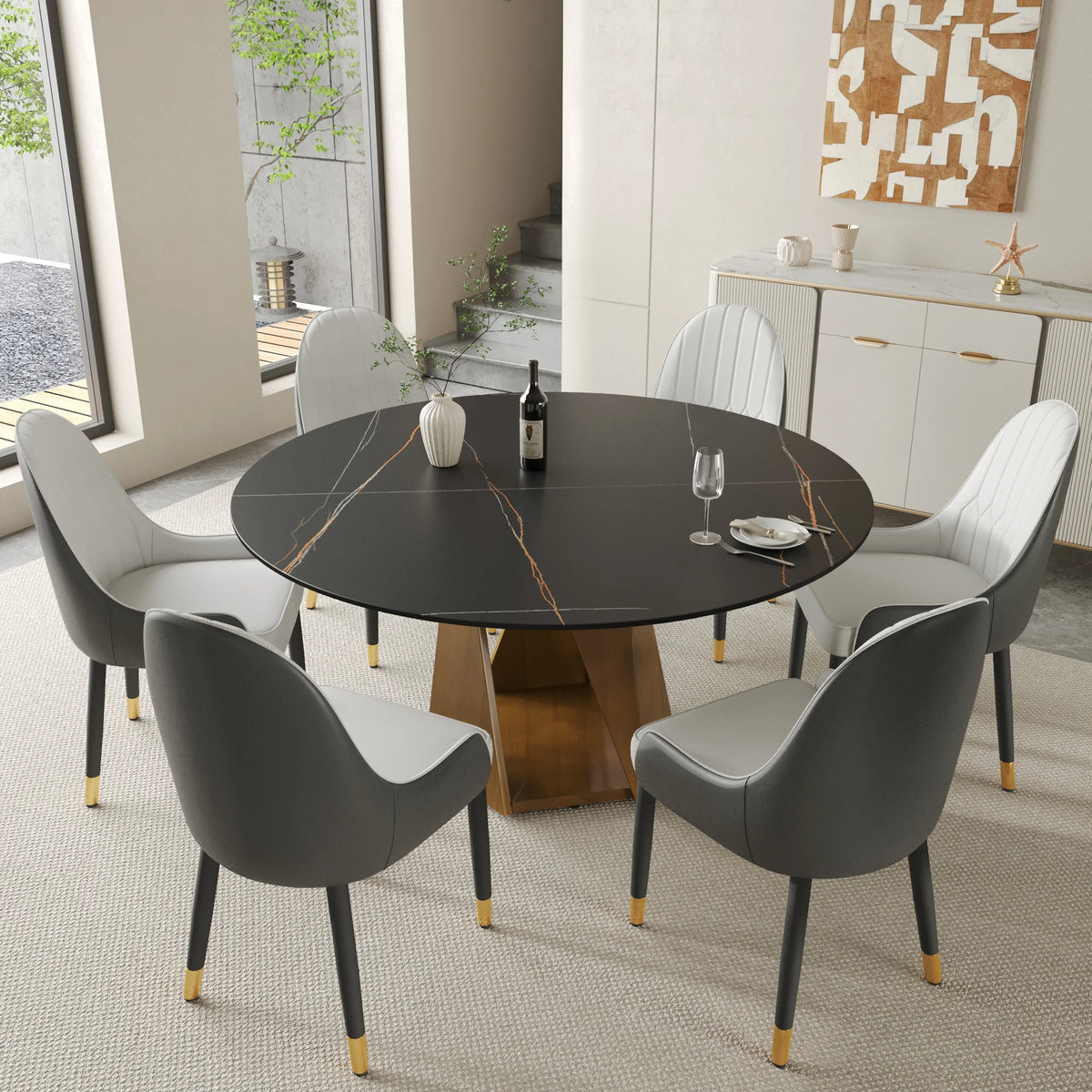 Marbella Sintered Stone Dining Table | 59" Matte Black Round With Metal Base