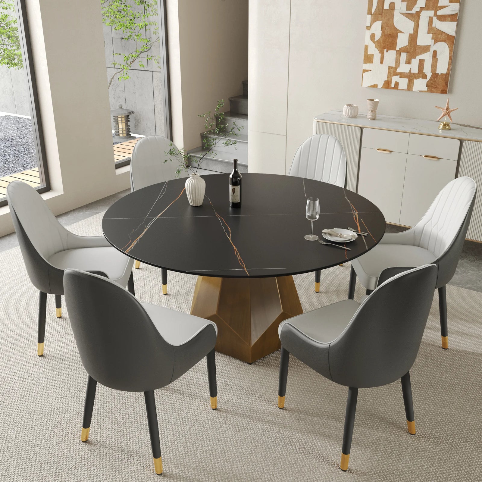 Mesa de comedor Marbella de piedra sinterizada | Redonda de 150 cm (59") en negro mate con base metálica
