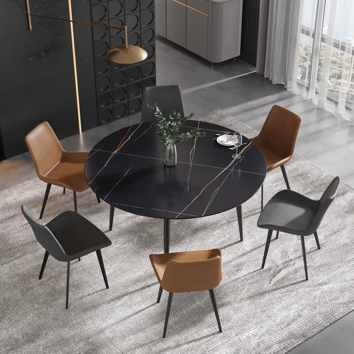Mesa de comedor Marbella de piedra sinterizada | Redonda de 150 cm (59") en negro mate con base metálica