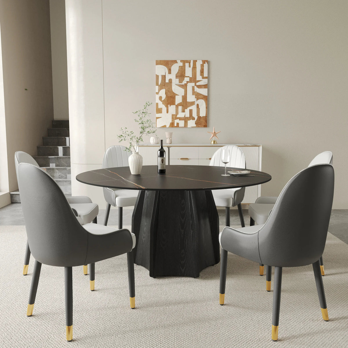 Marbella Sintered Stone Dining Table | 59" Matte Black Round With Metal Base
