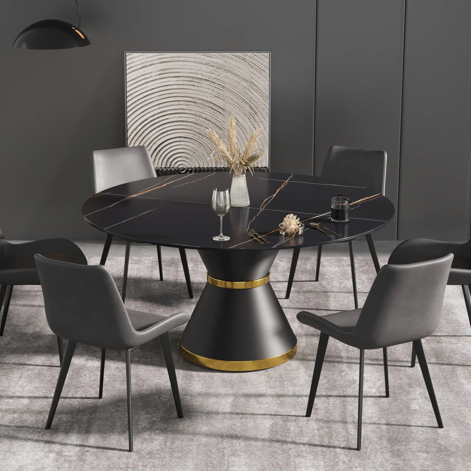 Mesa de comedor Marbella de piedra sinterizada | Redonda de 150 cm (59") en negro mate con base metálica