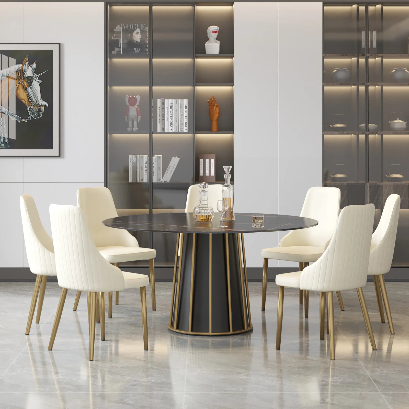 Mesa de comedor Marbella de piedra sinterizada | Redonda de 150 cm (59") en negro mate con base metálica