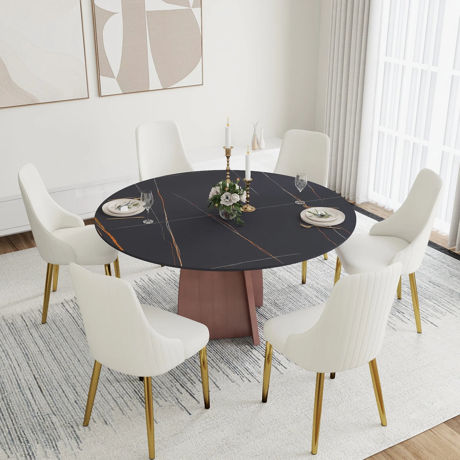 Mesa de comedor Marbella de piedra sinterizada | Redonda de 150 cm (59") en negro mate con base metálica