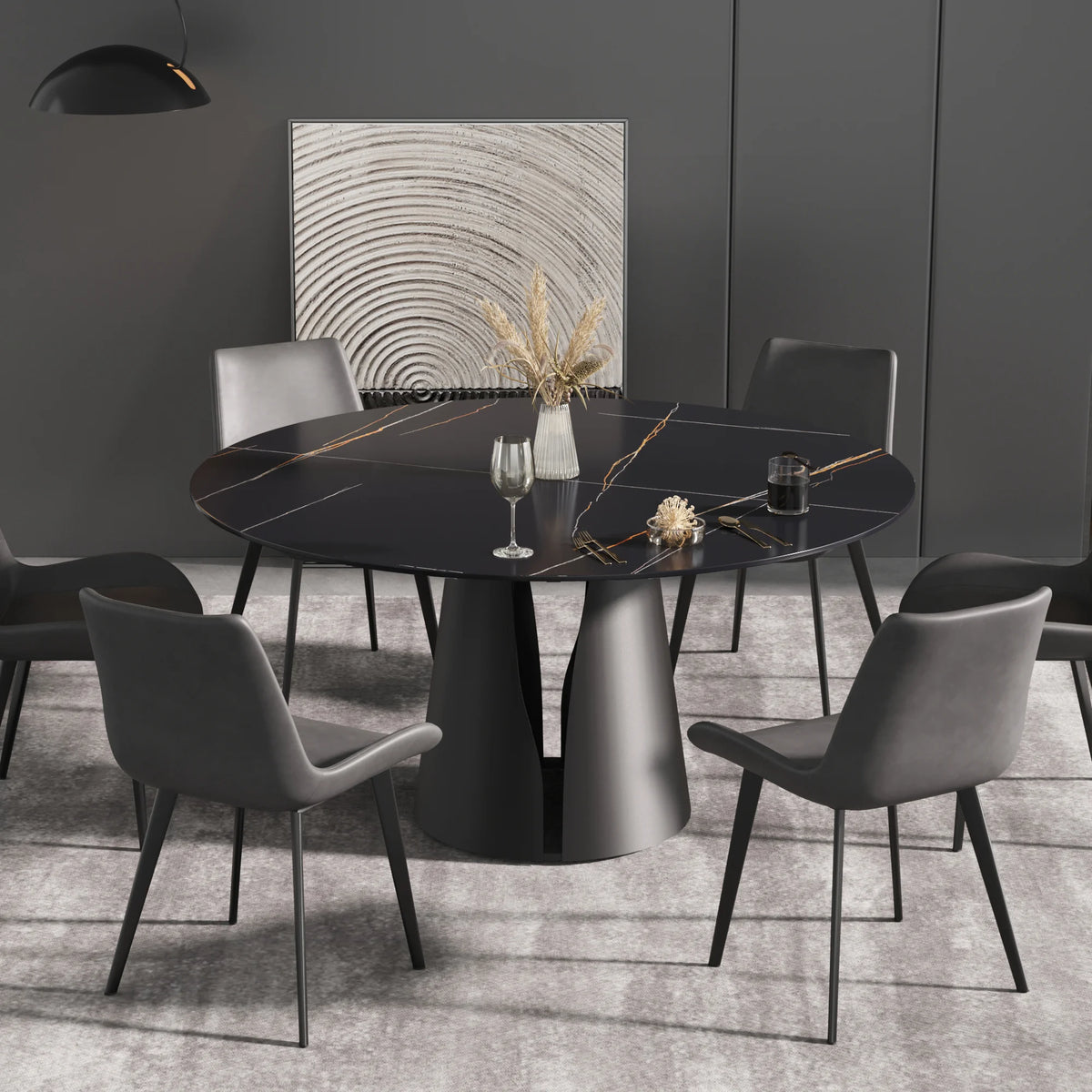 Mesa de comedor Marbella de piedra sinterizada | Redonda de 150 cm (59") en negro mate con base metálica