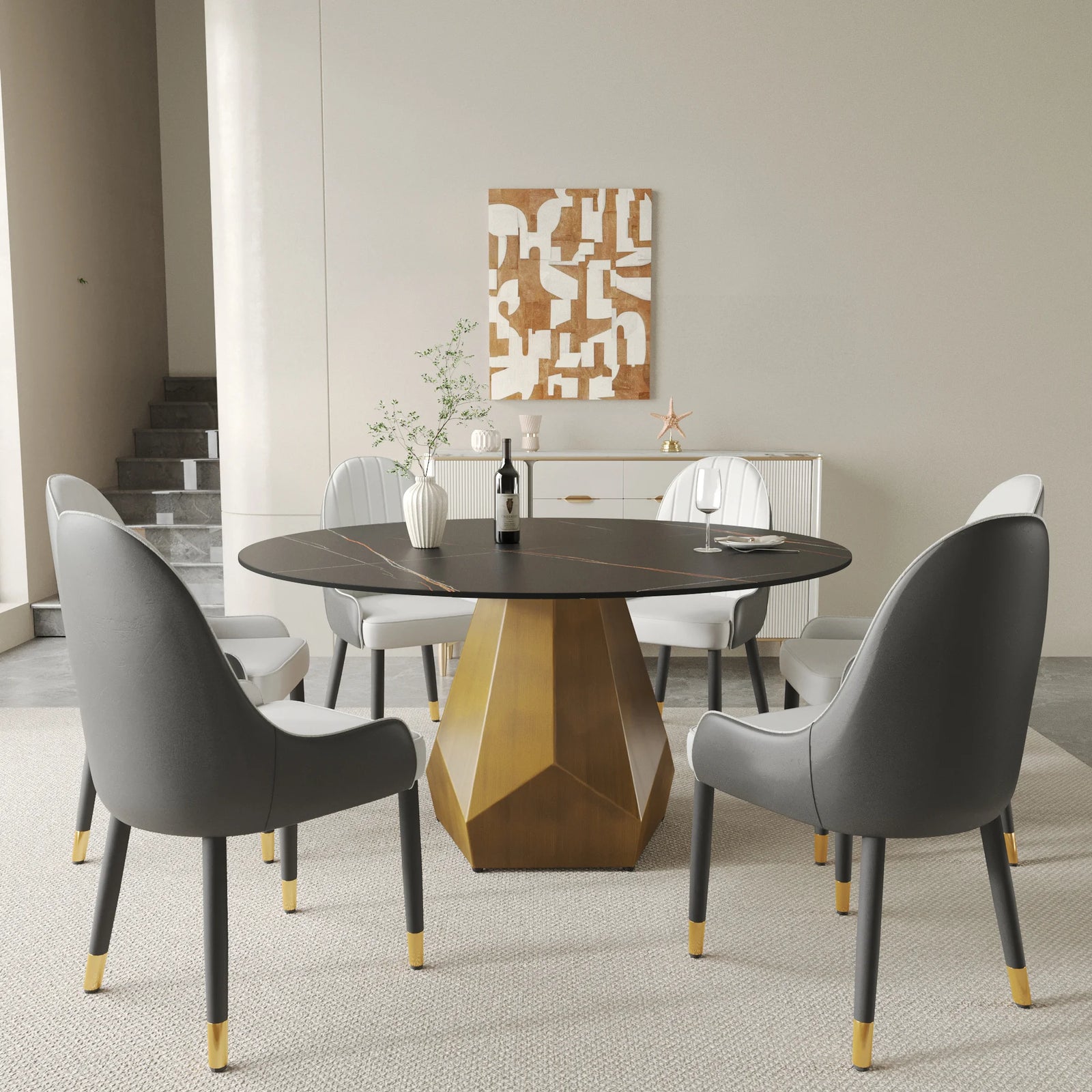 Mesa de comedor Marbella de piedra sinterizada | Redonda de 150 cm (59") en negro mate con base metálica