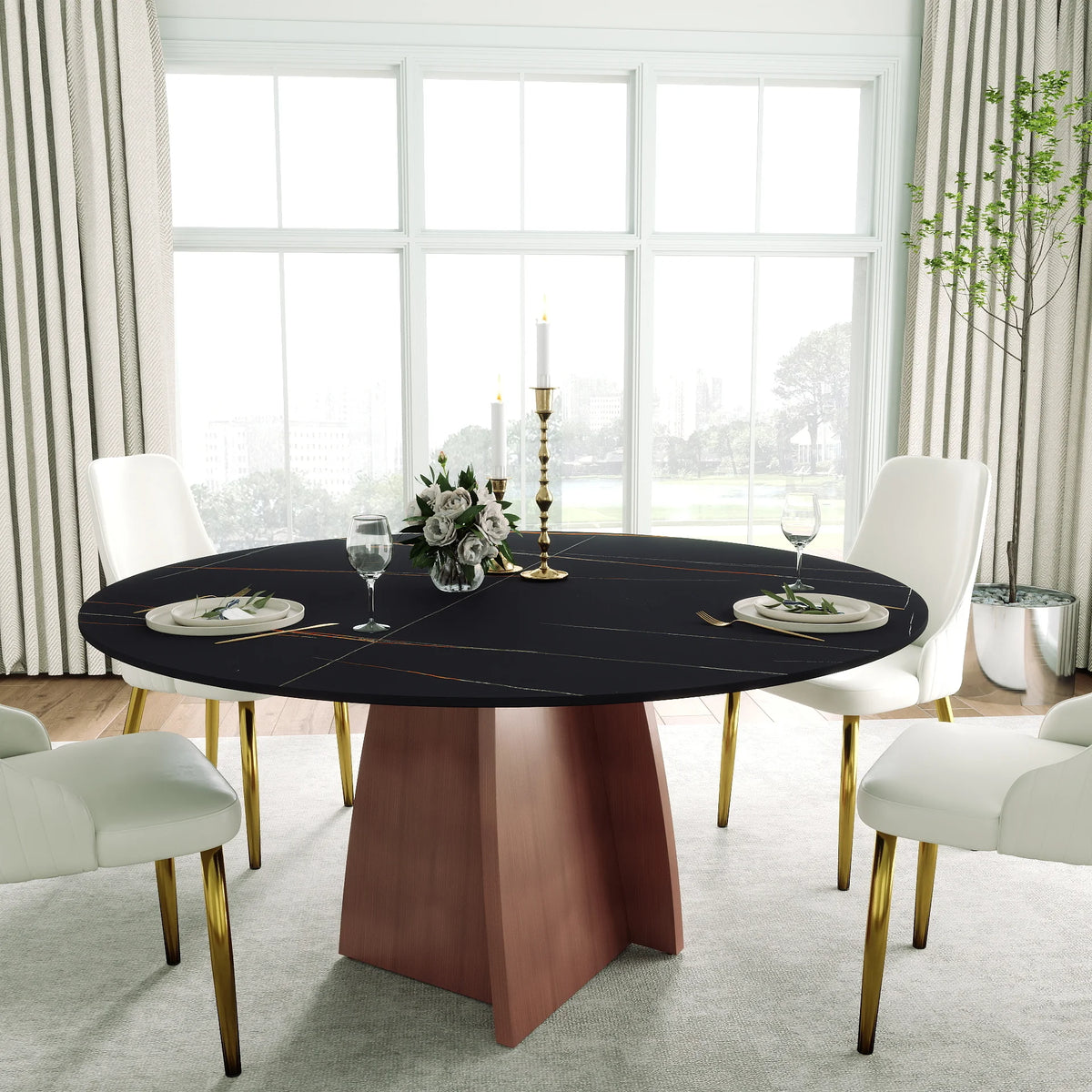 Marbella Sintered Stone Dining Table | 59" Matte Black Round With Metal Base