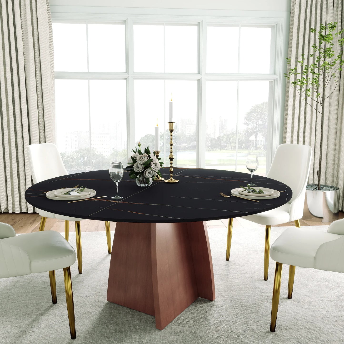 Marbella Sintered Stone Dining Table | 59" Matte Black Round With Metal Base
