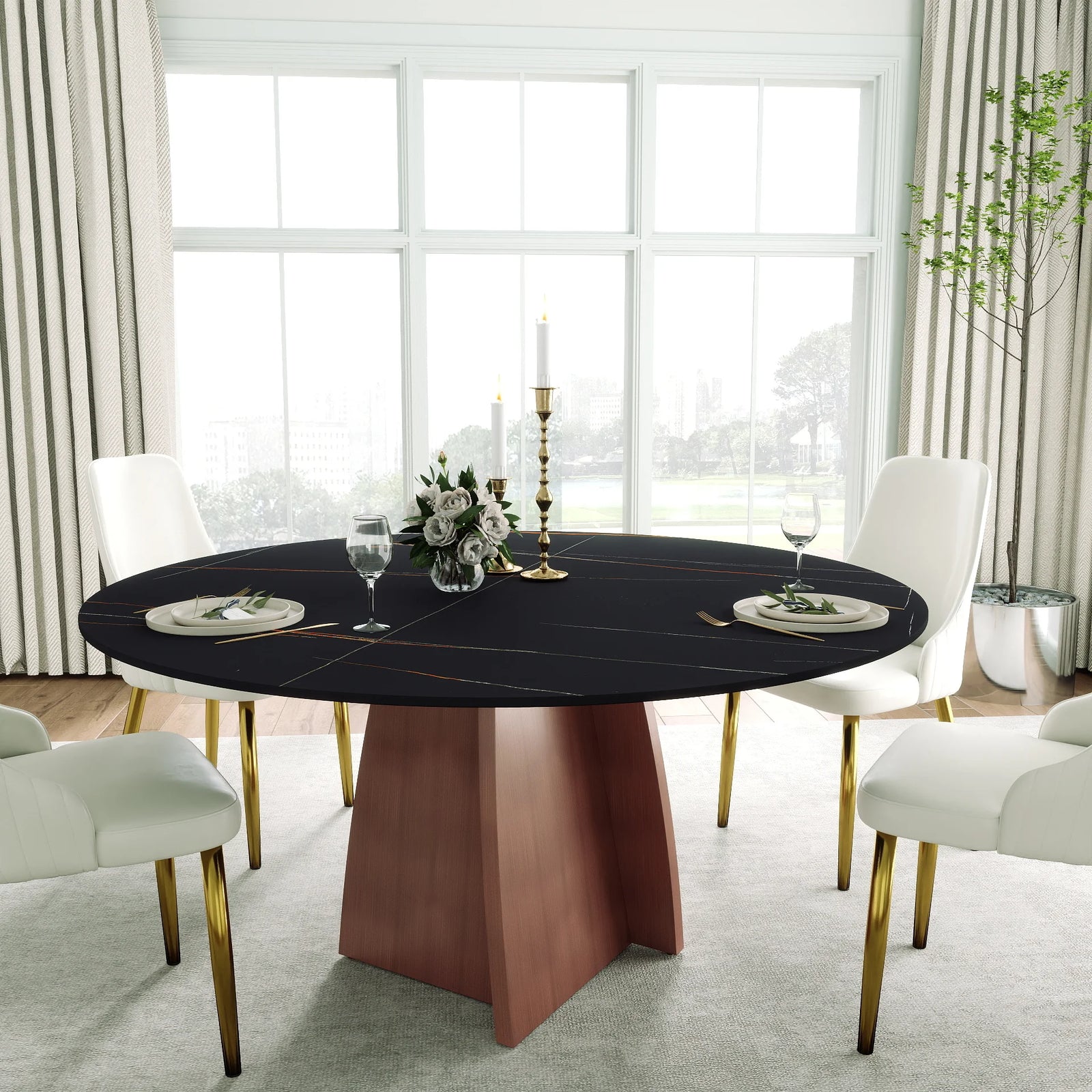 Mesa de comedor Marbella de piedra sinterizada | Redonda de 150 cm (59") en negro mate con base metálica