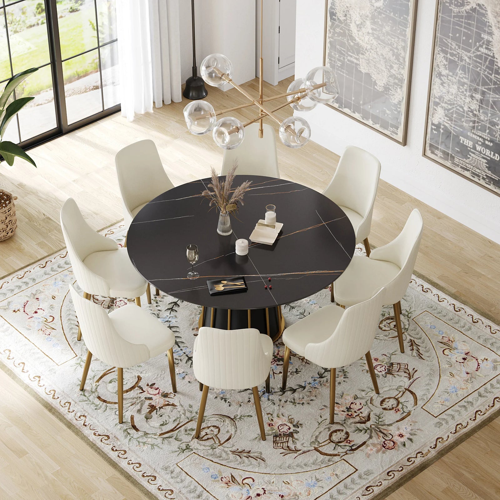 Mesa de comedor Marbella de piedra sinterizada | Redonda de 150 cm (59") en negro mate con base metálica