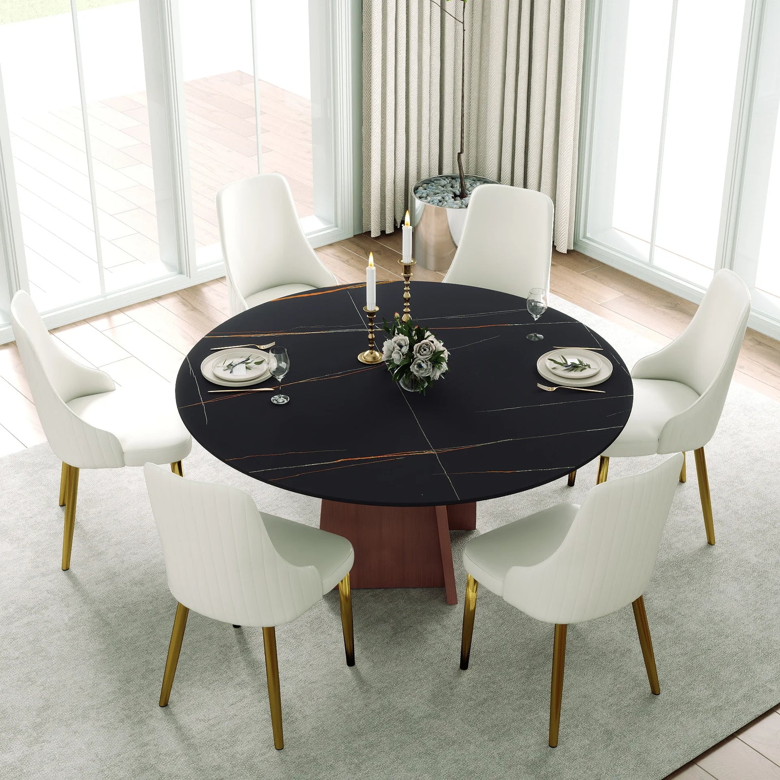 Mesa de comedor Marbella de piedra sinterizada | Redonda de 150 cm (59") en negro mate con base metálica