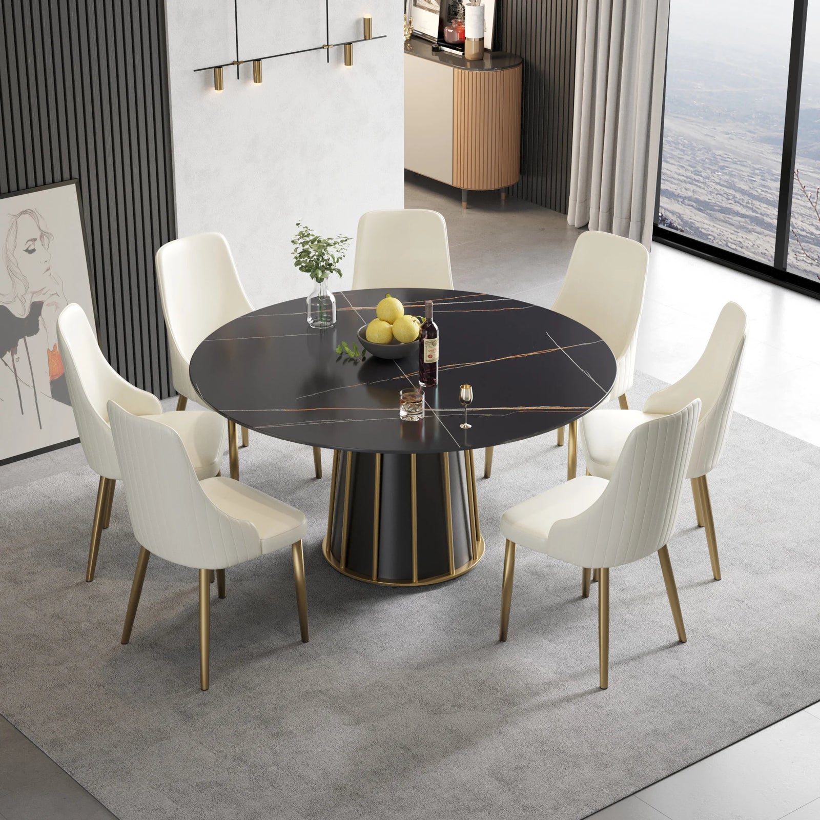 Mesa de comedor Marbella de piedra sinterizada | Redonda de 150 cm (59") en negro mate con base metálica