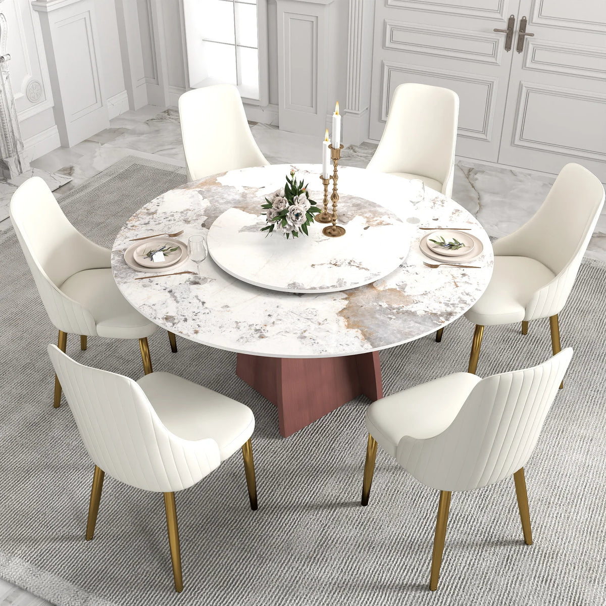 Marbella Sintered Stone Dining Table | 59" Pandora Round With Lazy Susan Turntable