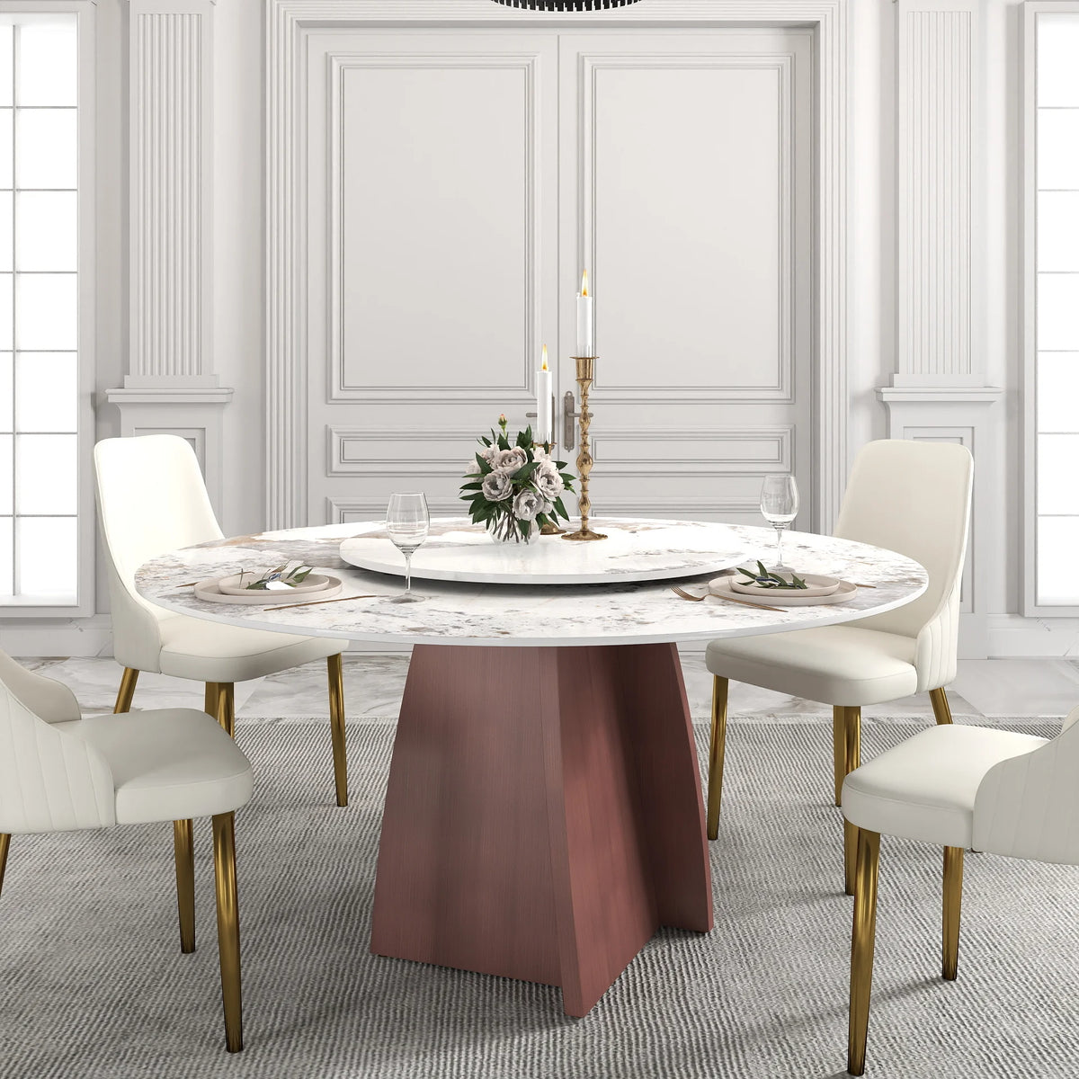 Marbella Sintered Stone Dining Table | 59" Pandora Round With Lazy Susan Turntable