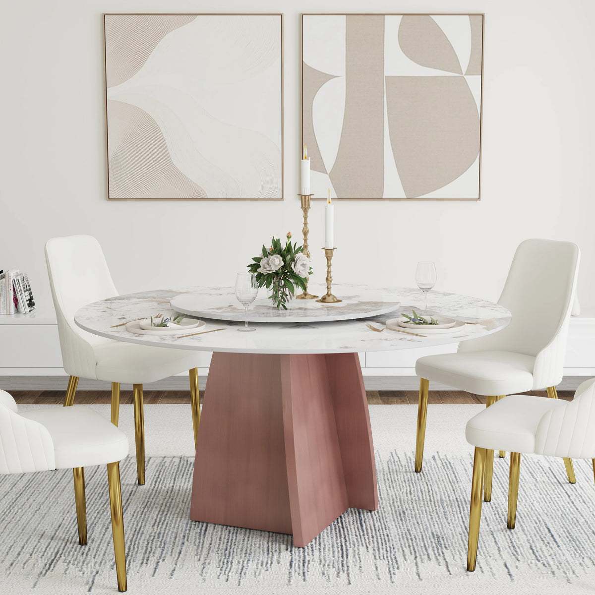 Marbella Sintered Stone Dining Table | 59" Pandora Round With Lazy Susan Turntable