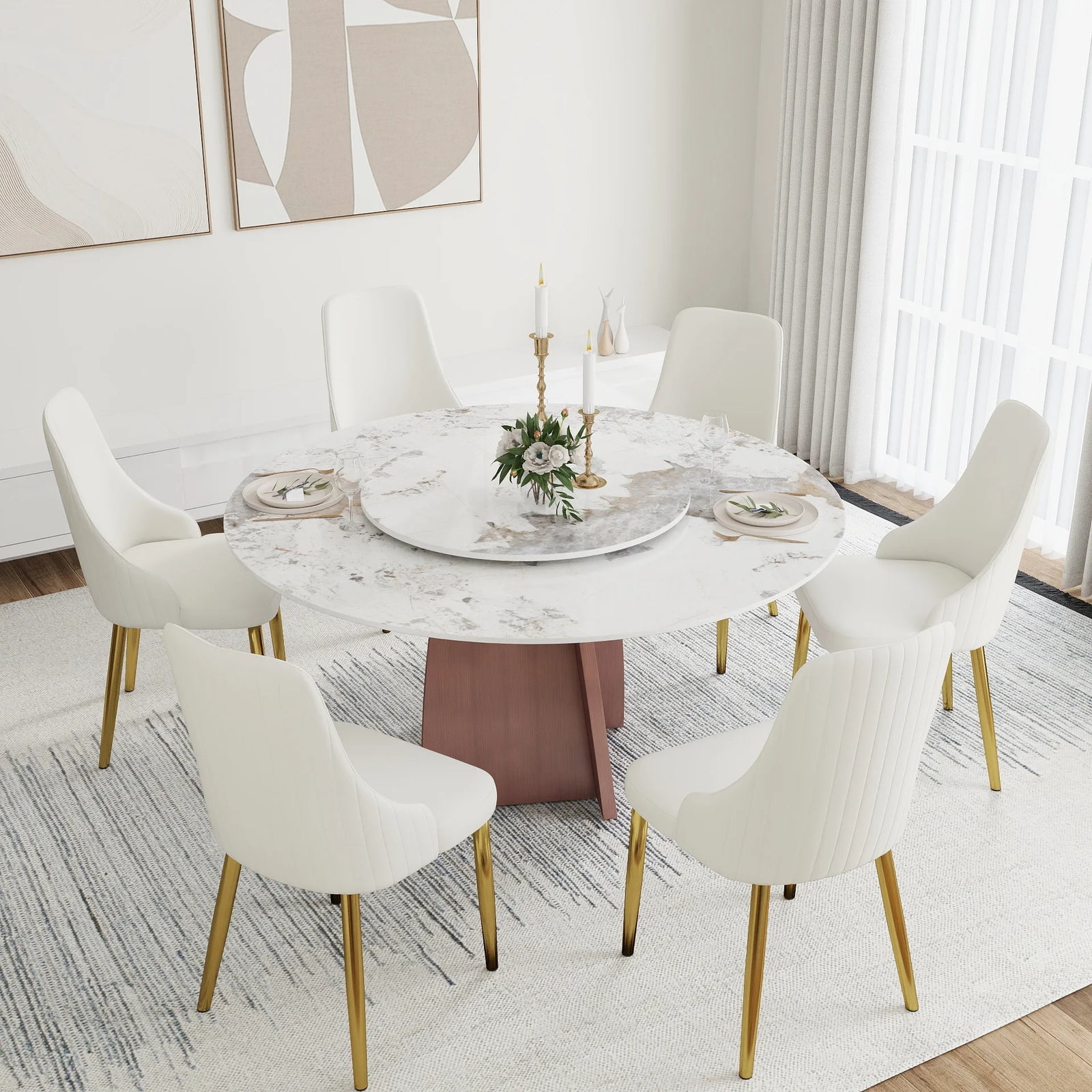 Marbella Sintered Stone Dining Table | 59" Pandora Round With Lazy Susan Turntable