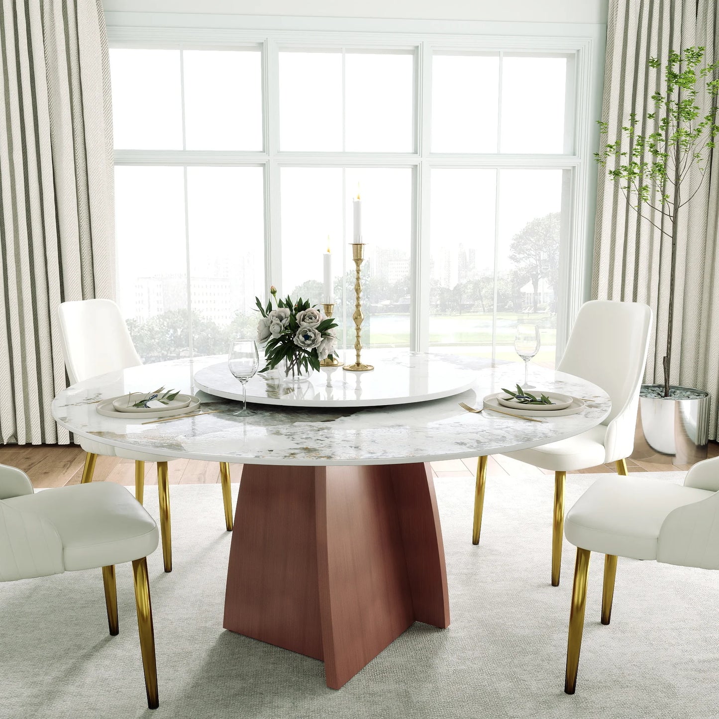 Marbella Sintered Stone Dining Table | 59" Pandora Round With Lazy Susan Turntable